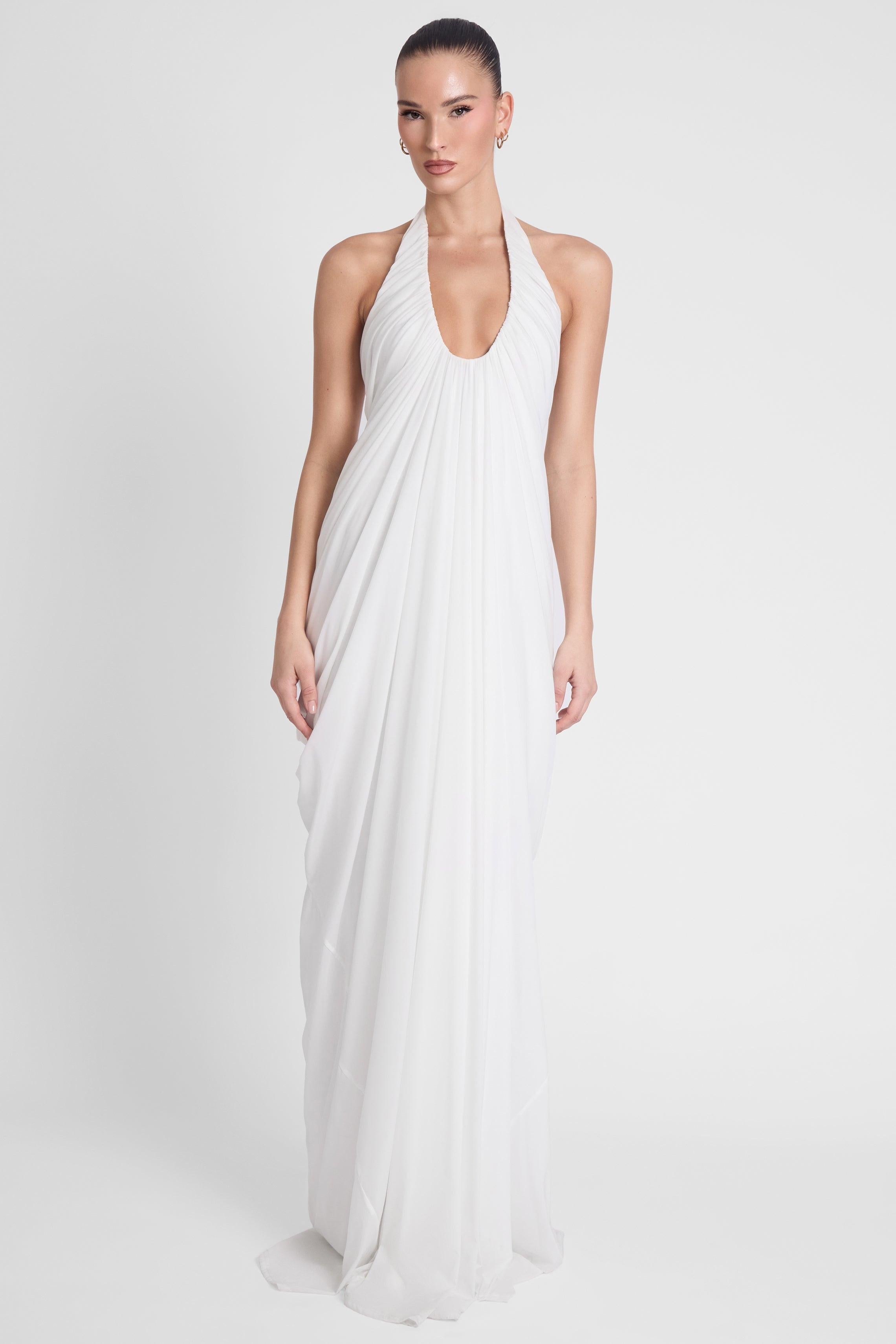 White Cascade Drape Evening Gown ICYBOO