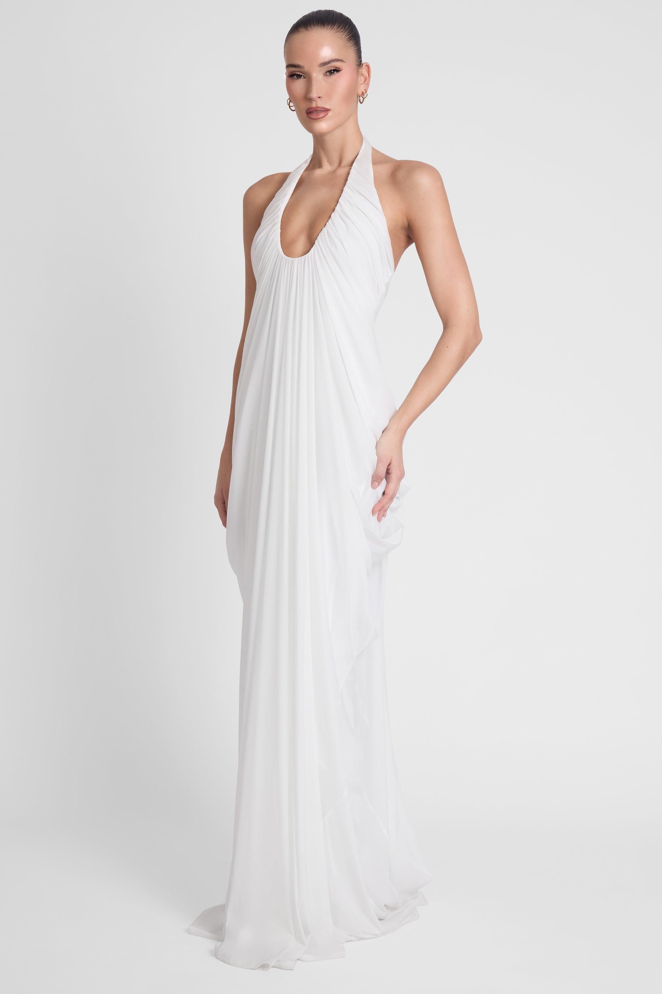 White Cascade Drape Evening Gown ICYBOO