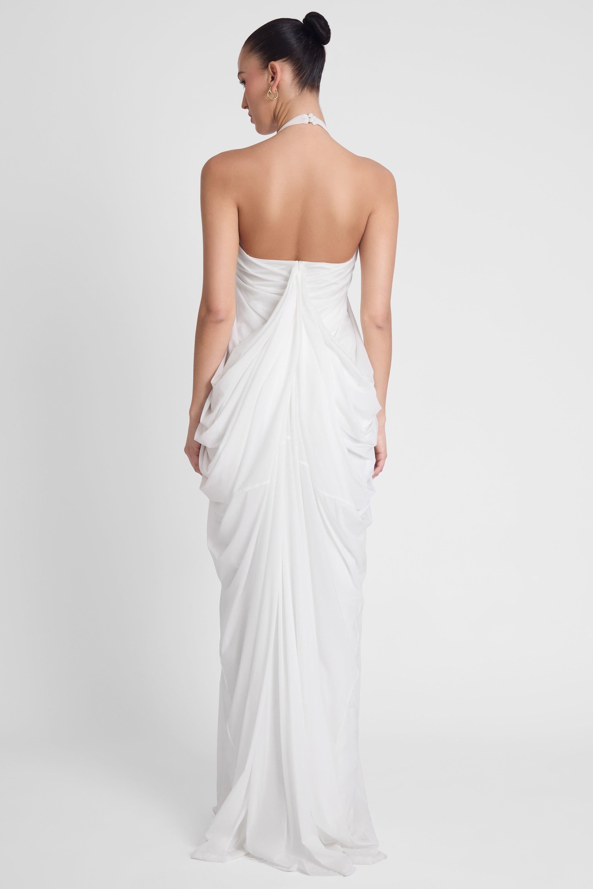 White Cascade Drape Evening Gown ICYBOO
