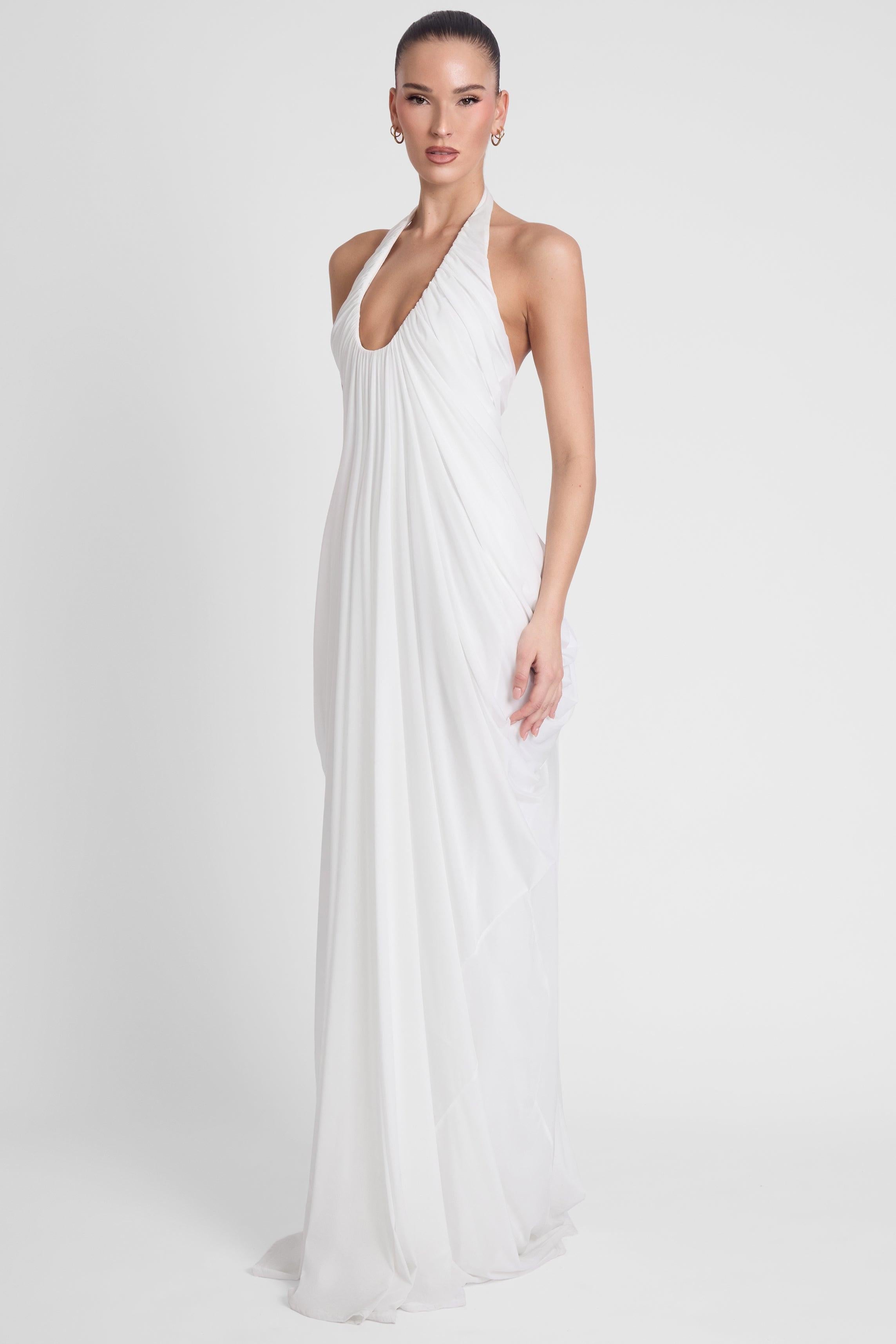 White Cascade Drape Evening Gown ICYBOO