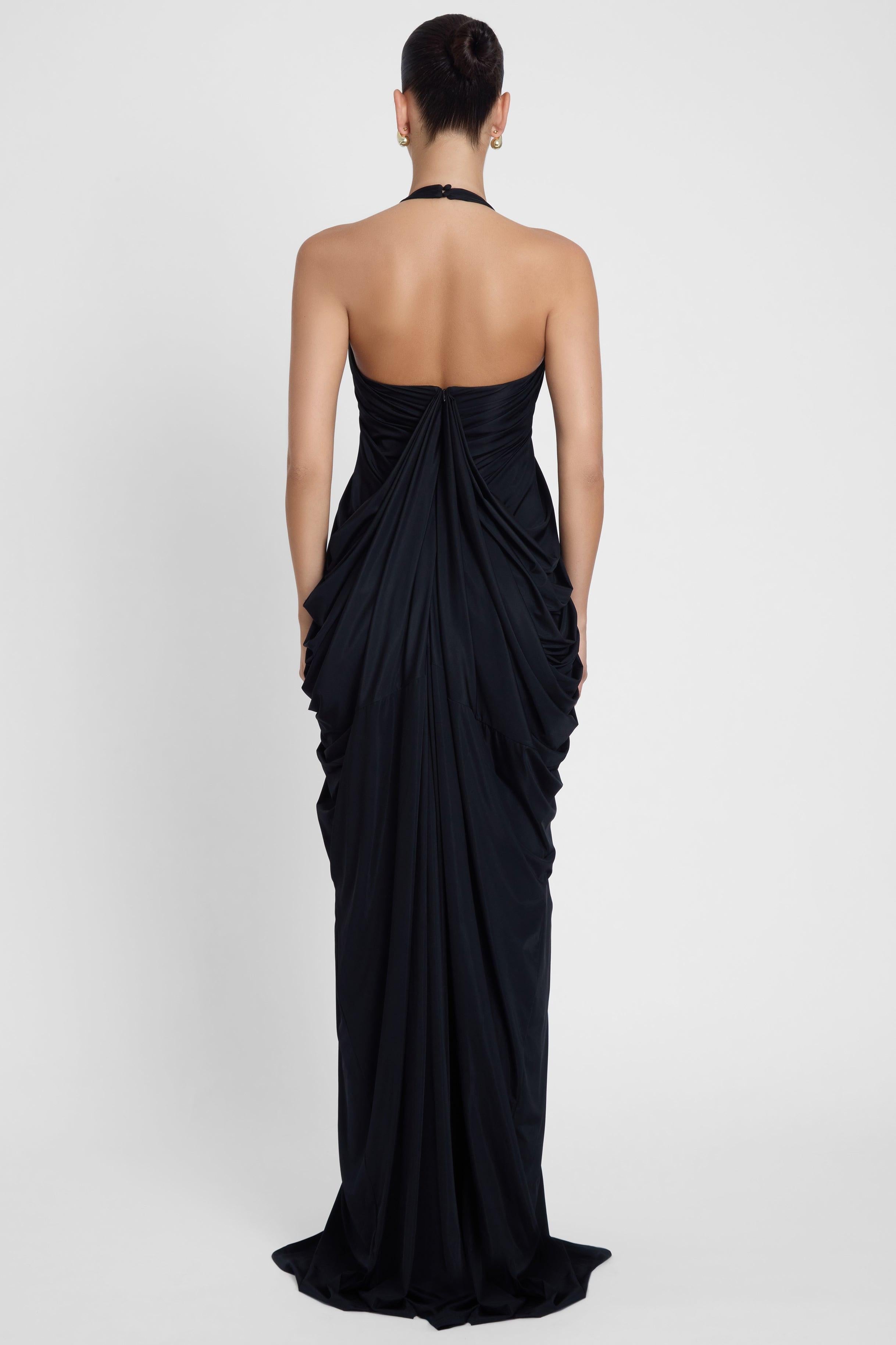 Black Cascade Drape Evening Gown ICYBOO