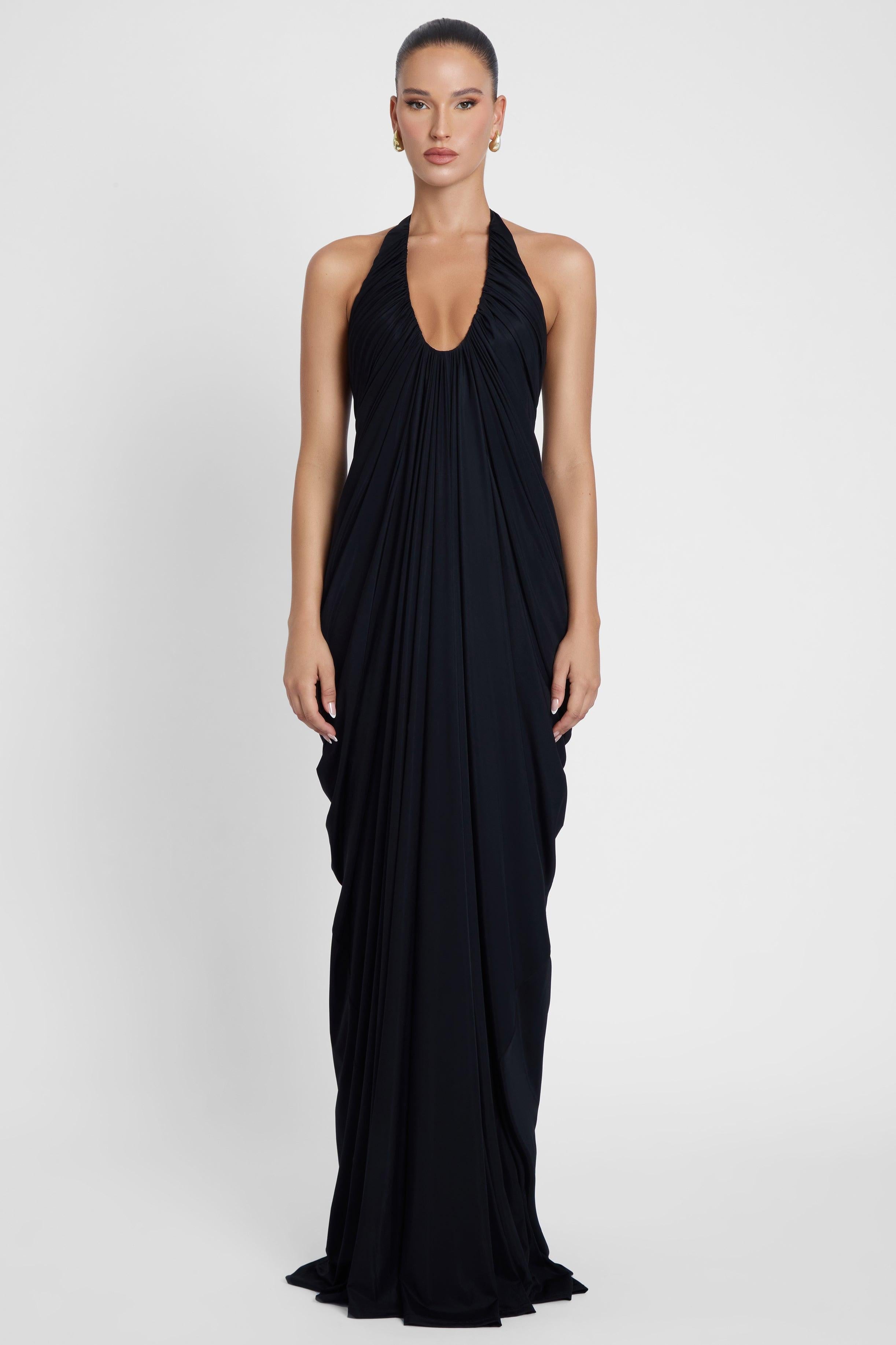 Black Cascade Drape Evening Gown ICYBOO