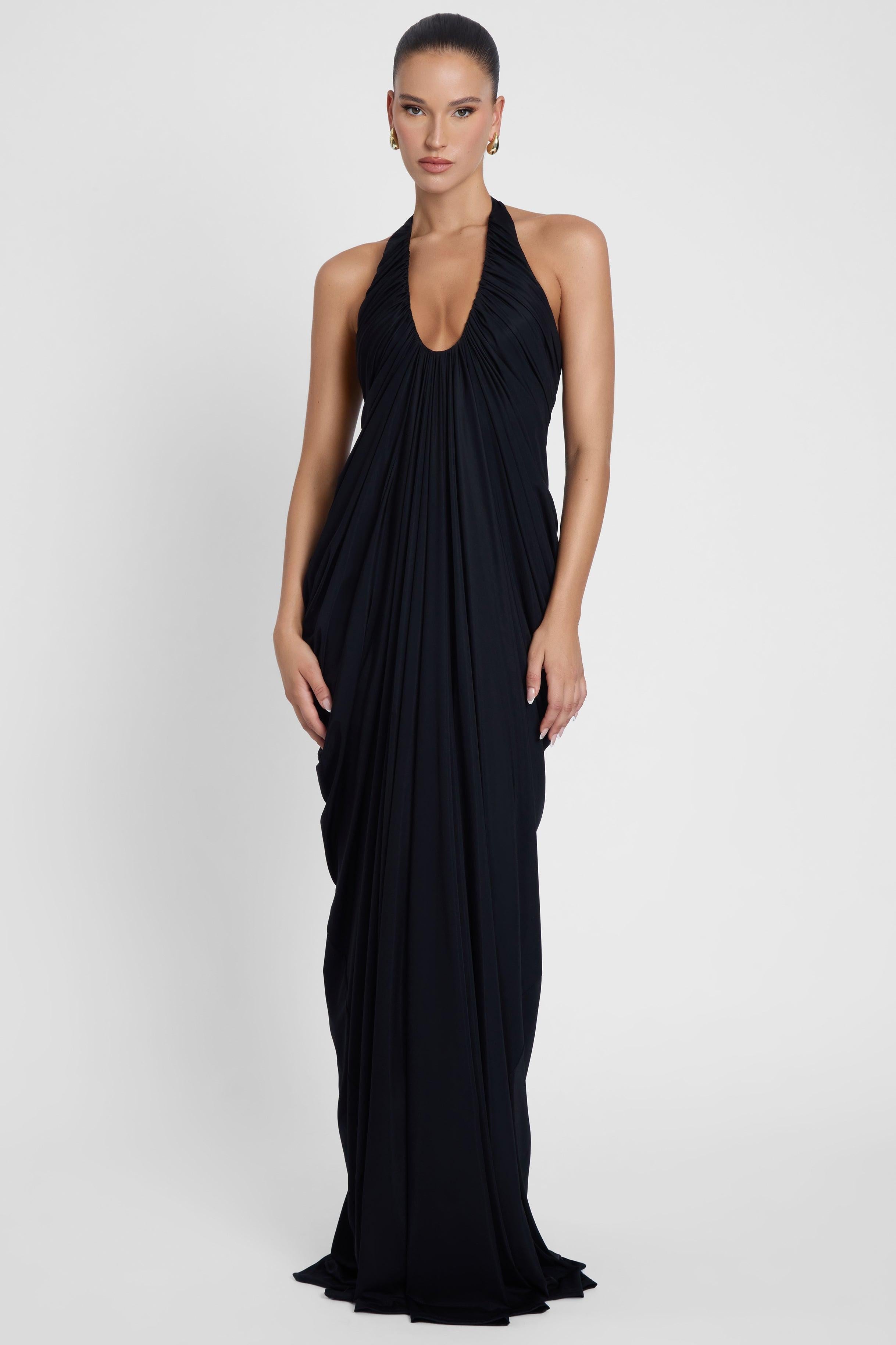 Black Cascade Drape Evening Gown ICYBOO