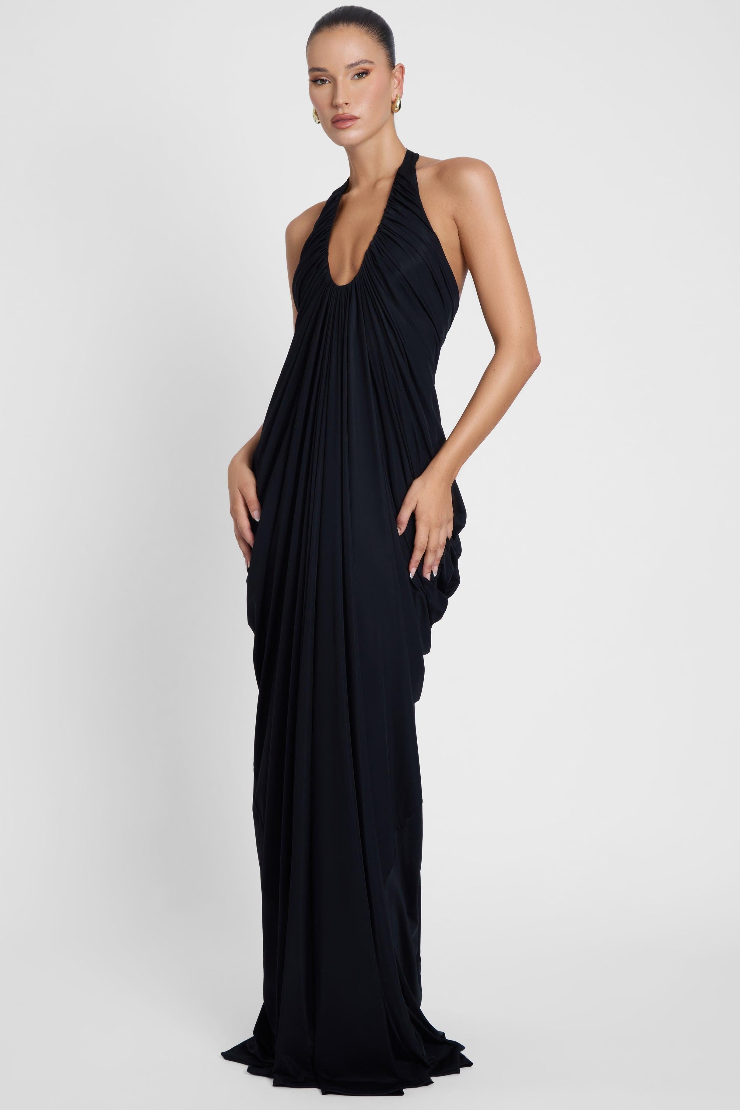 Black Cascade Drape Evening Gown ICYBOO