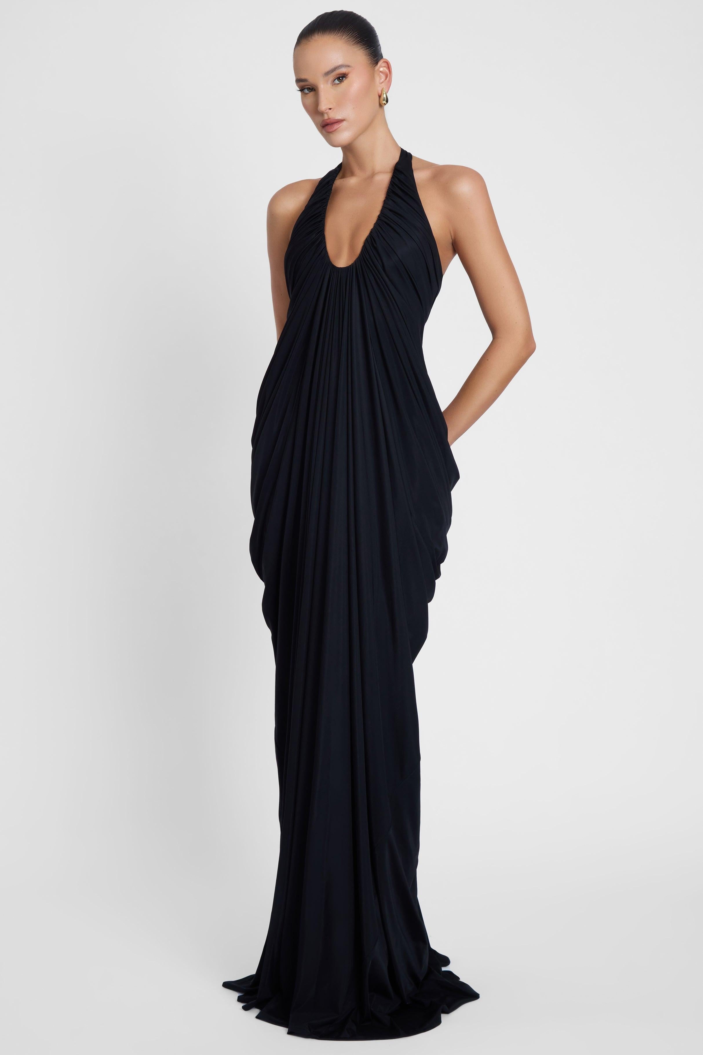 Black Cascade Drape Evening Gown ICYBOO
