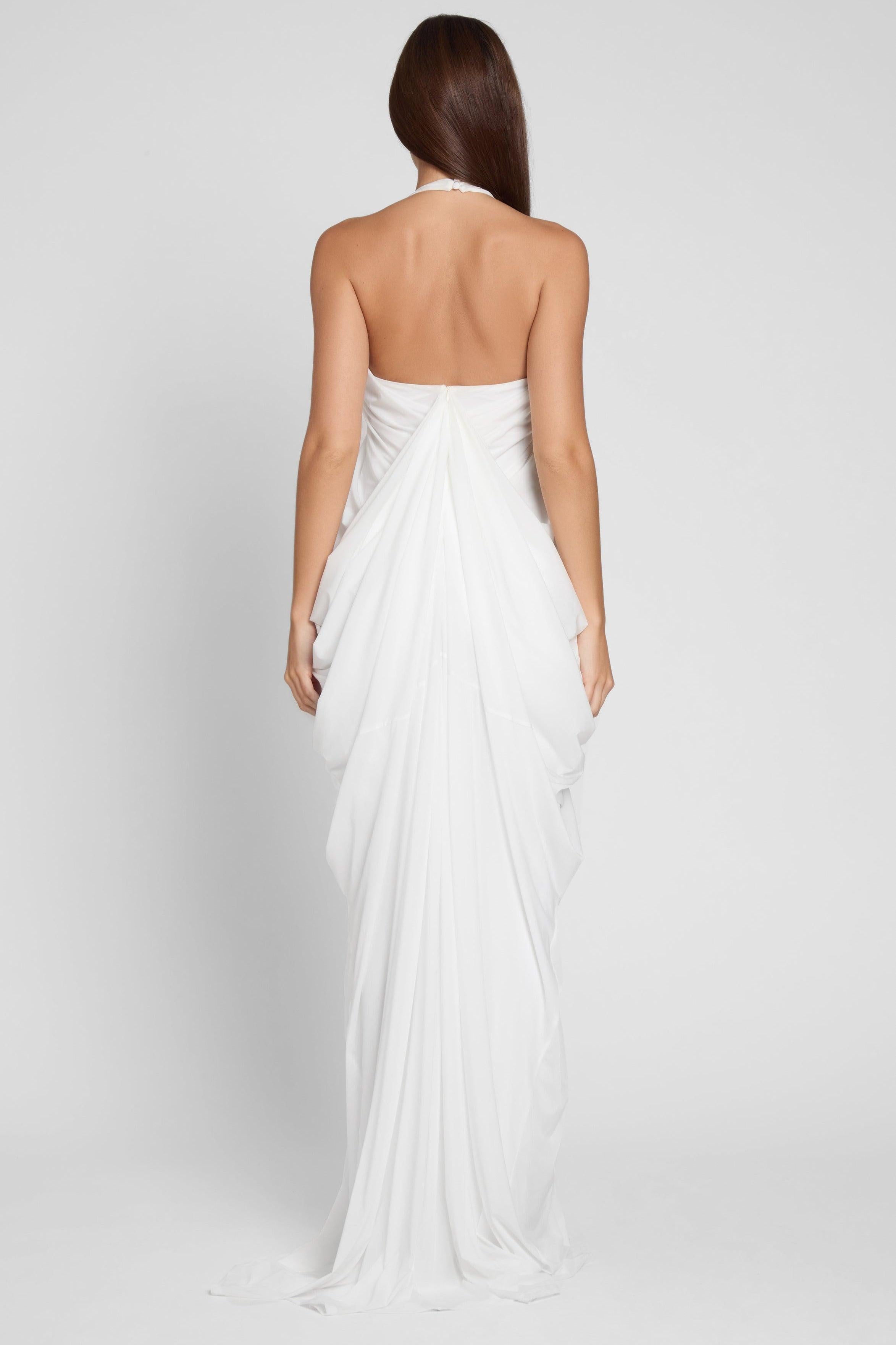 White Cascade Drape Evening Gown ICYBOO