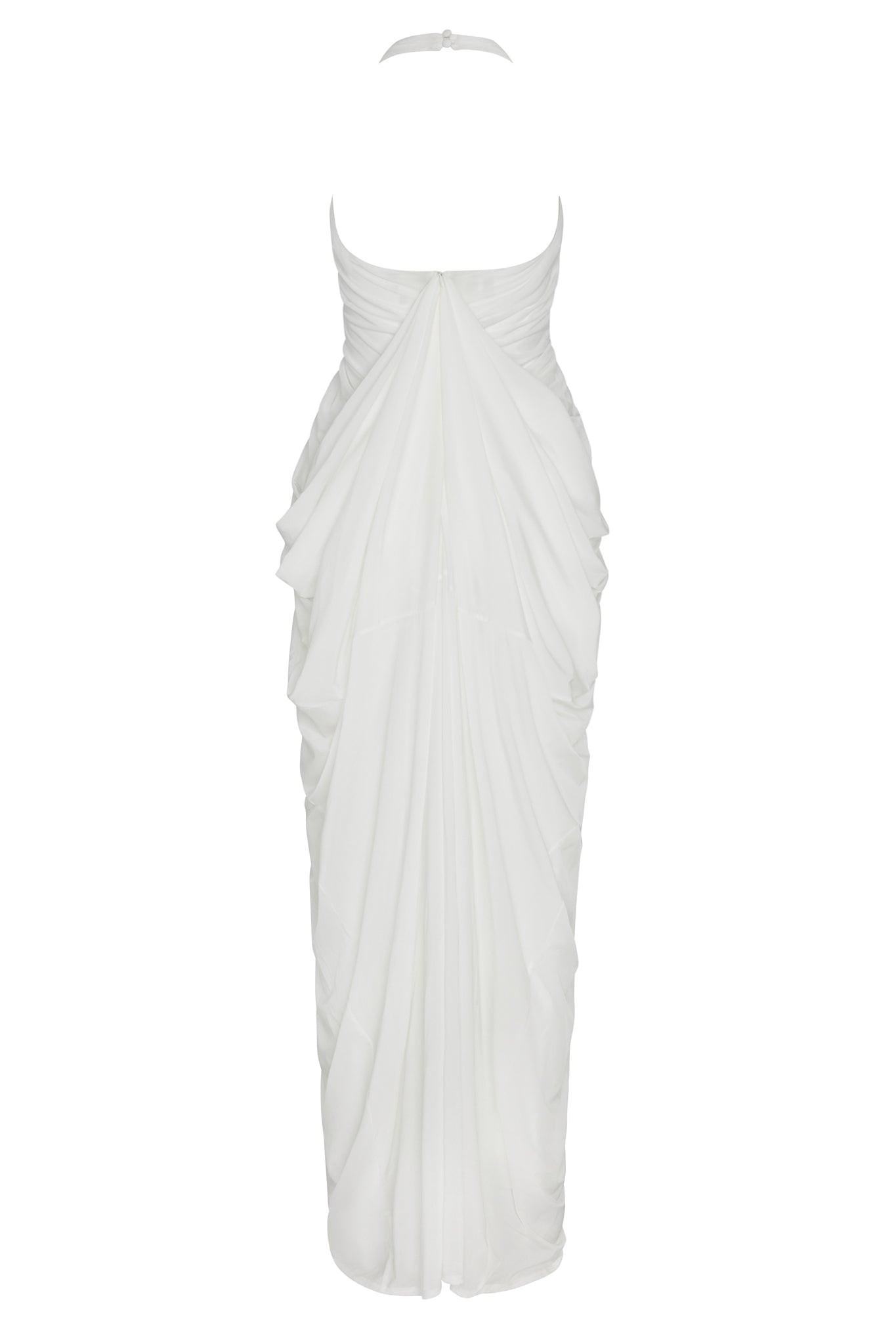 White Cascade Drape Evening Gown ICYBOO