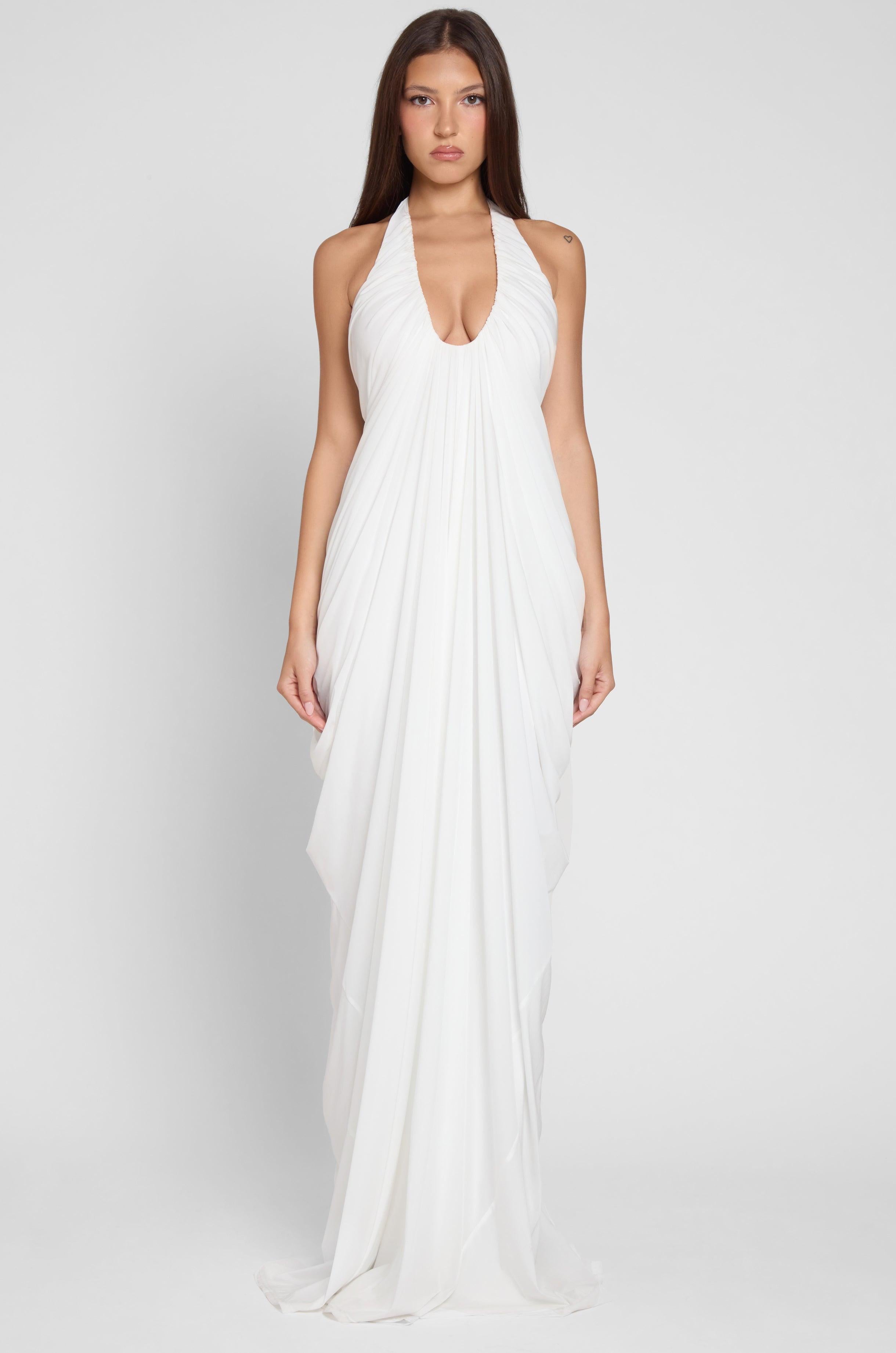 White Cascade Drape Evening Gown ICYBOO
