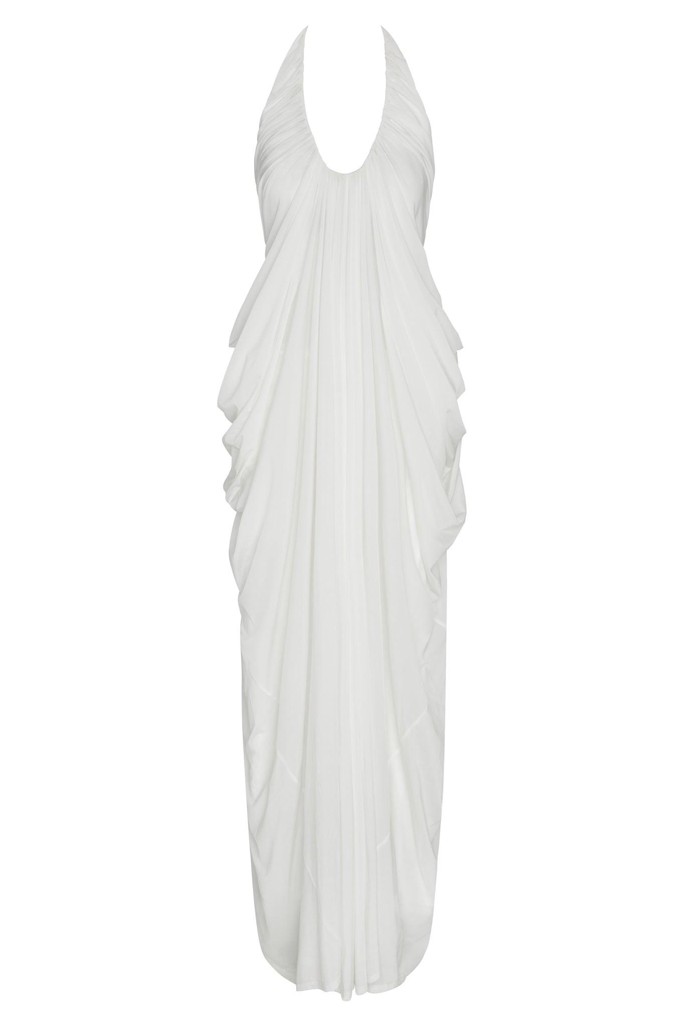 White Cascade Drape Evening Gown ICYBOO