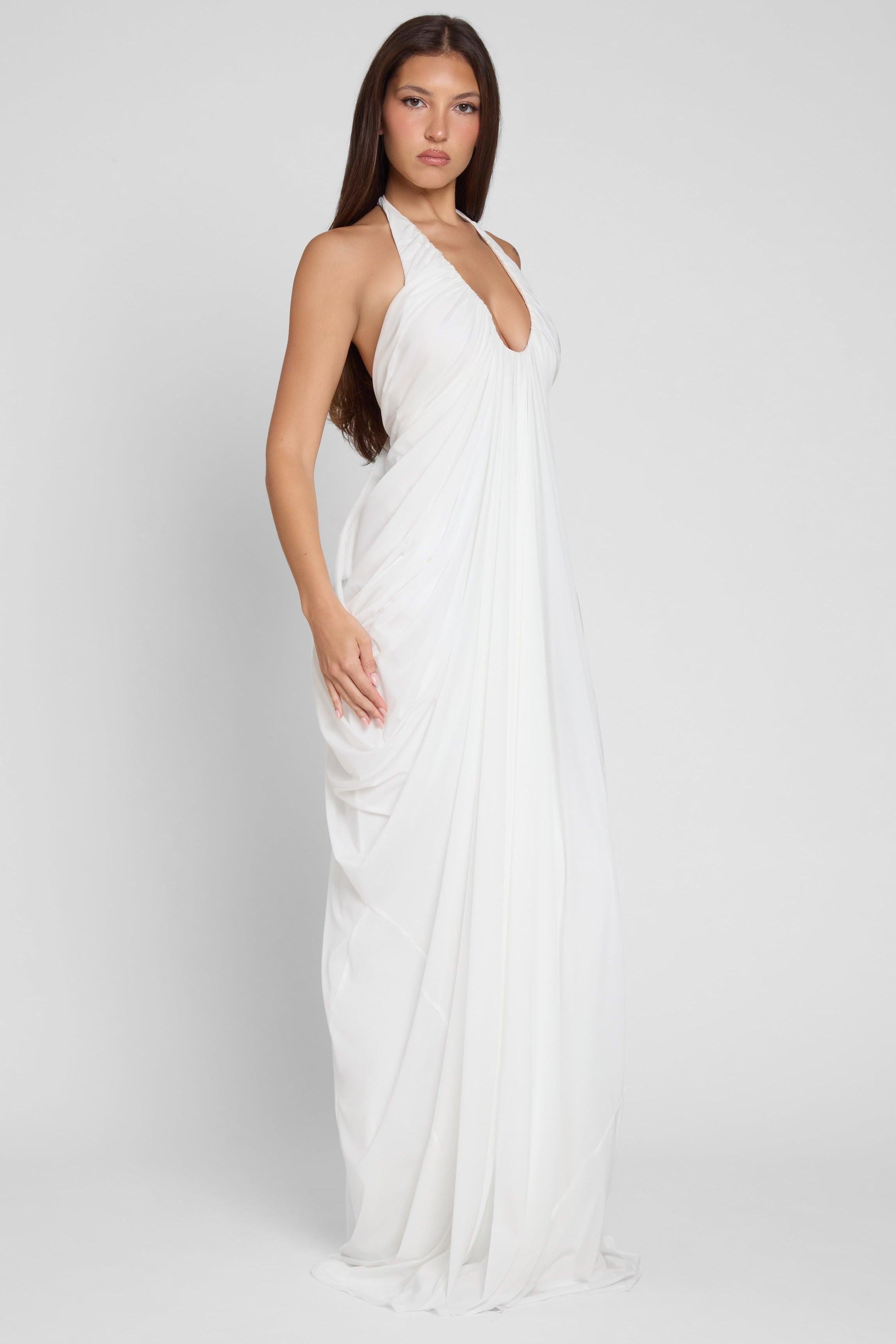 White Cascade Drape Evening Gown ICYBOO