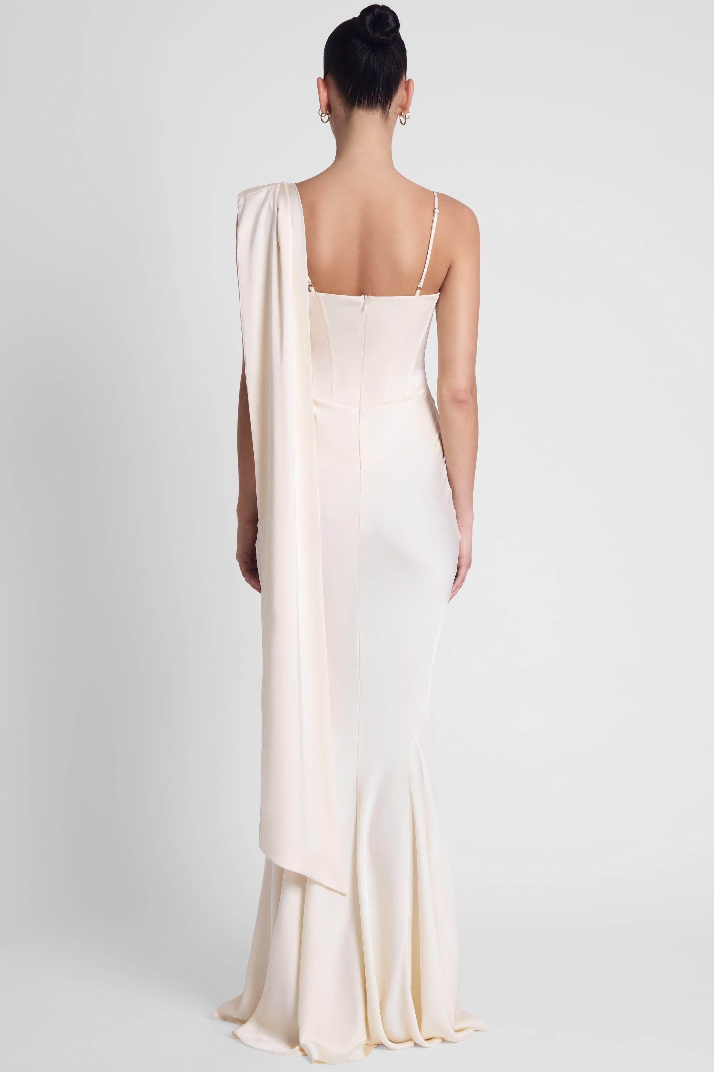 Ivory Satin Drape Corset Gown by Celine ICYBOO