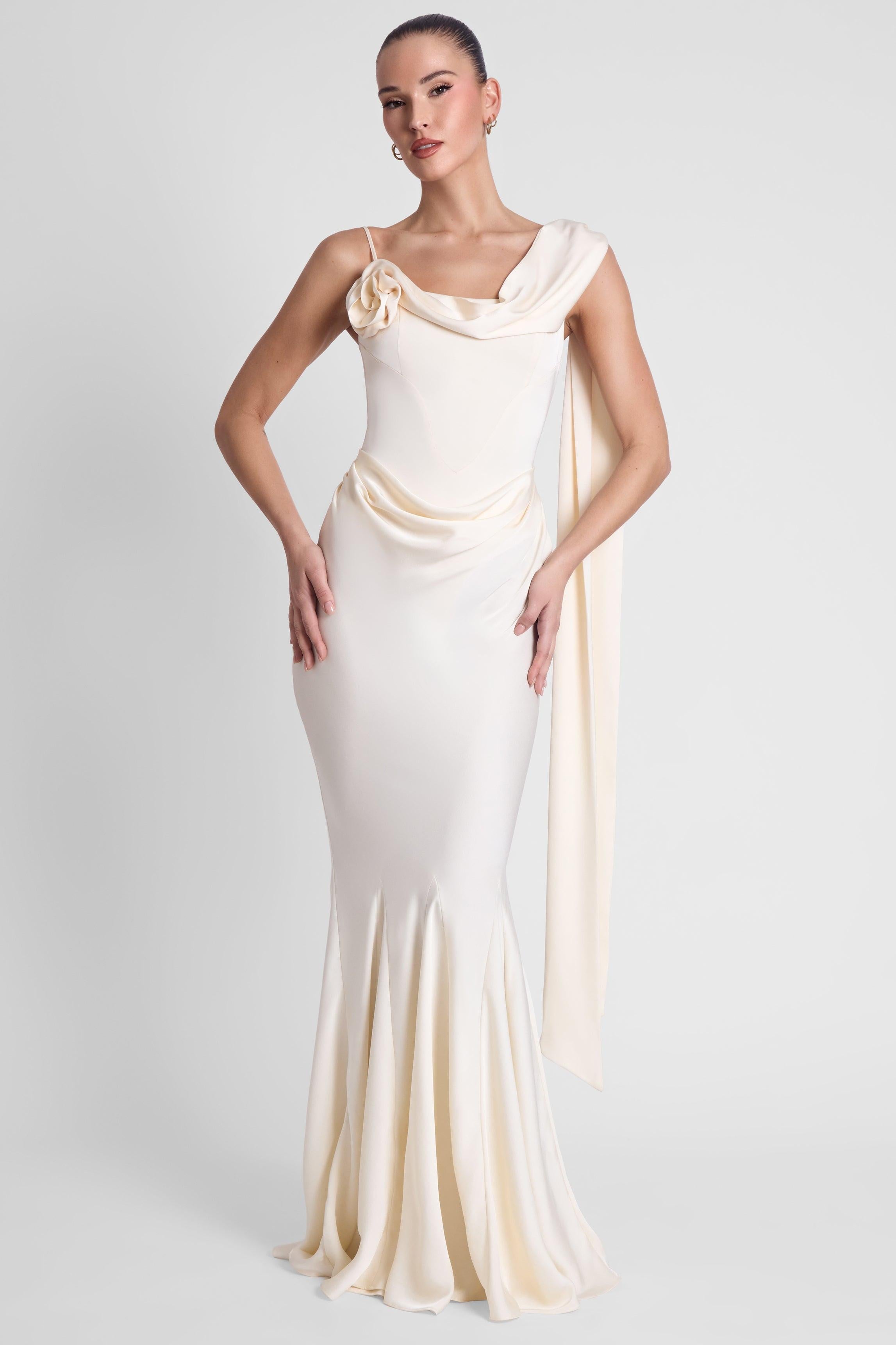 Ivory Satin Drape Corset Gown by Celine ICYBOO
