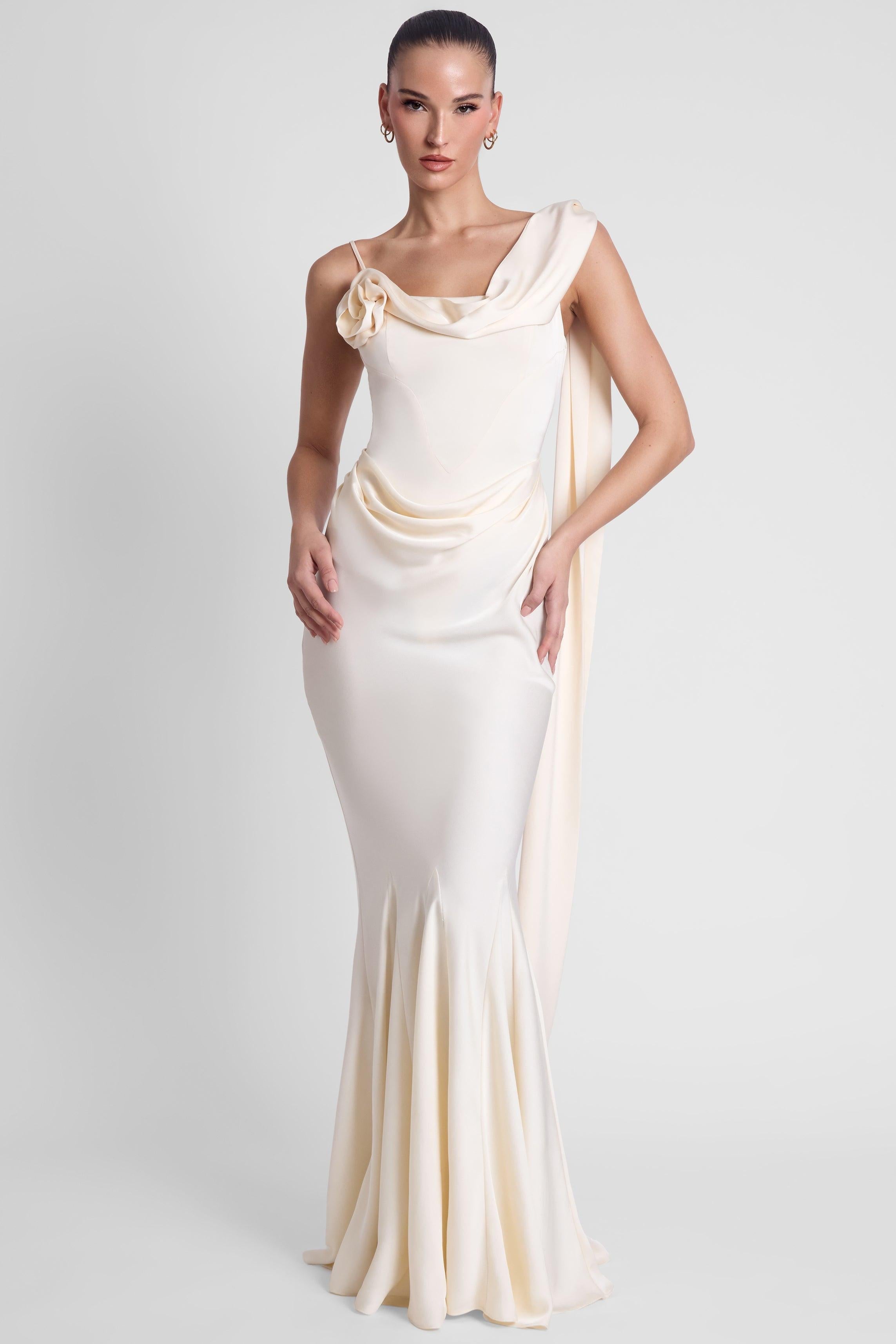Ivory Satin Drape Corset Gown by Celine ICYBOO