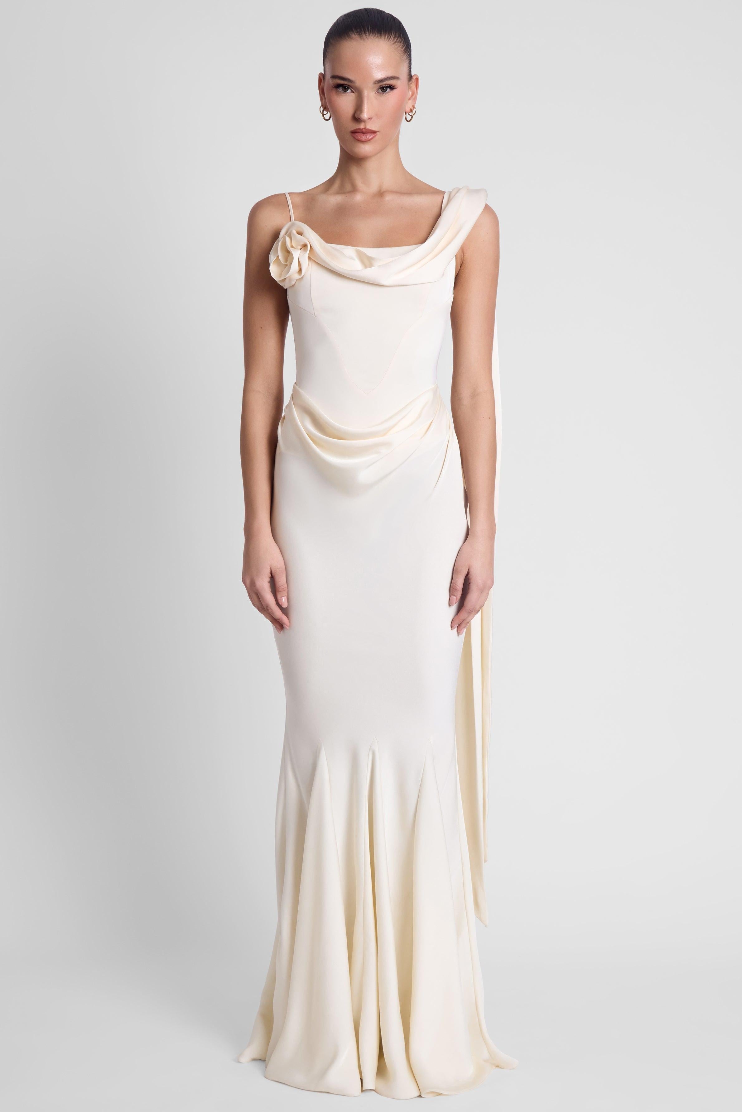 Ivory Satin Drape Corset Gown by Celine ICYBOO