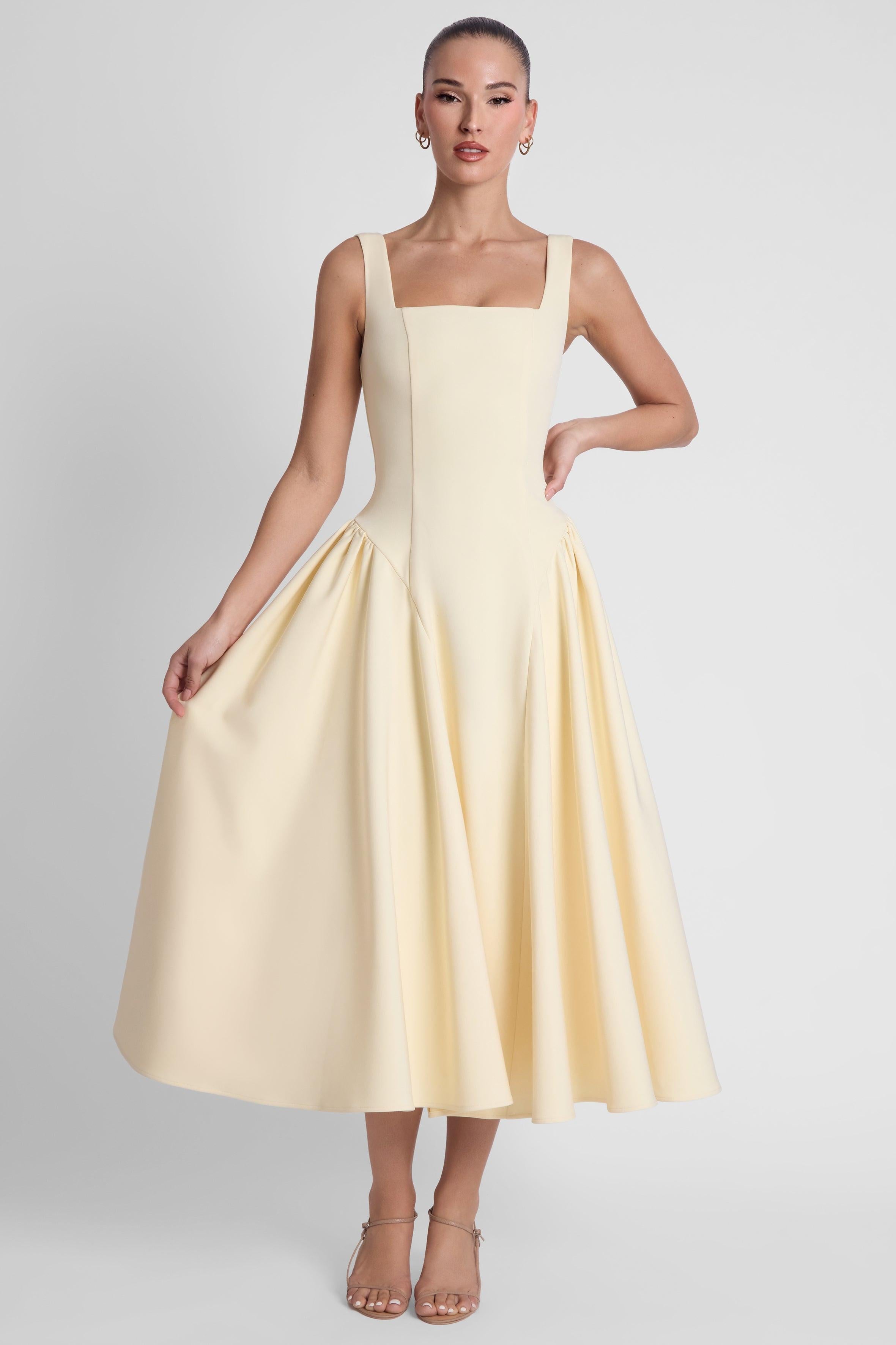 Yellow Chloe Midi Dress with Corset Design ICYBOO