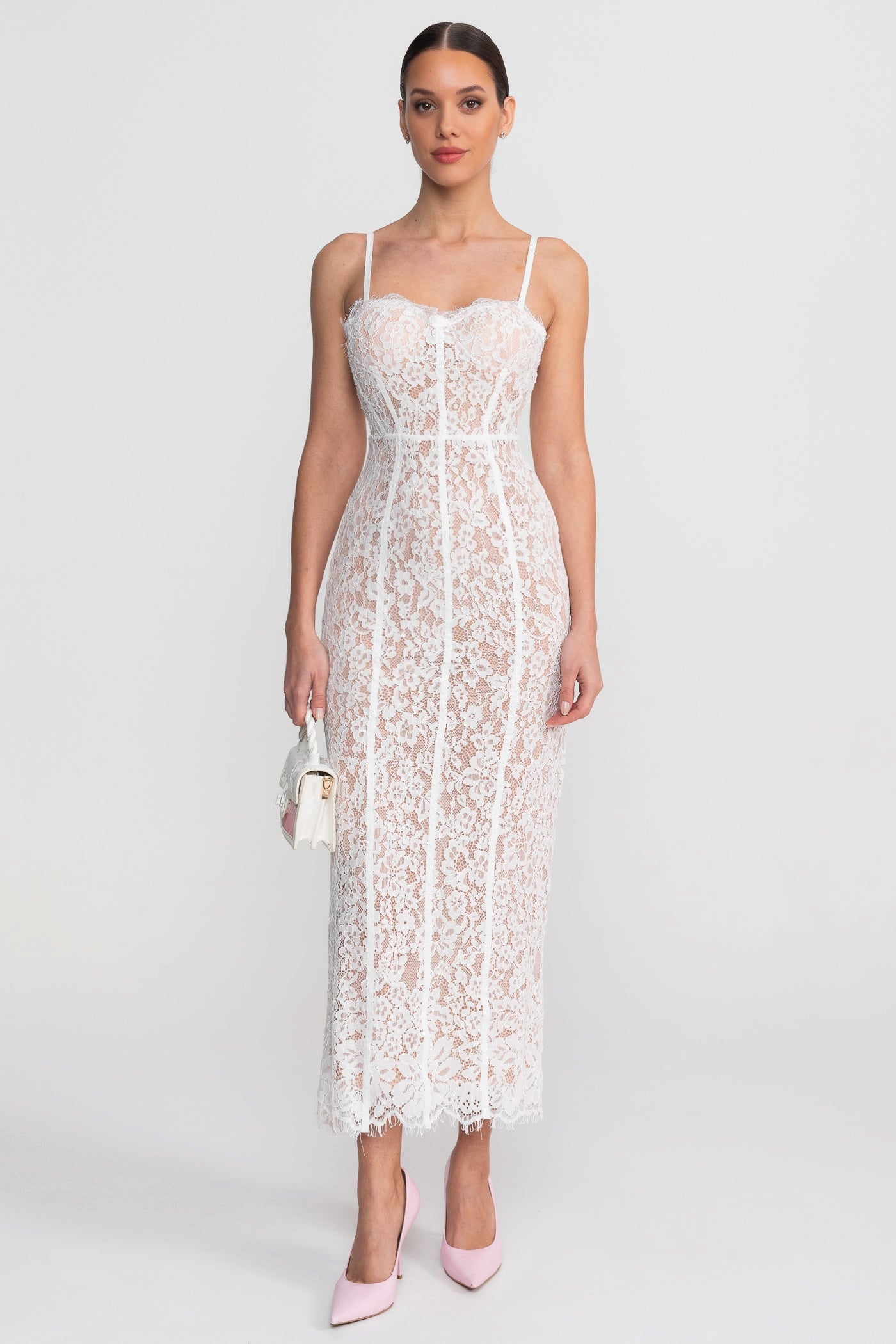 Lace Midi Dress With Sheer Corset Bodice - White - ICYBOO