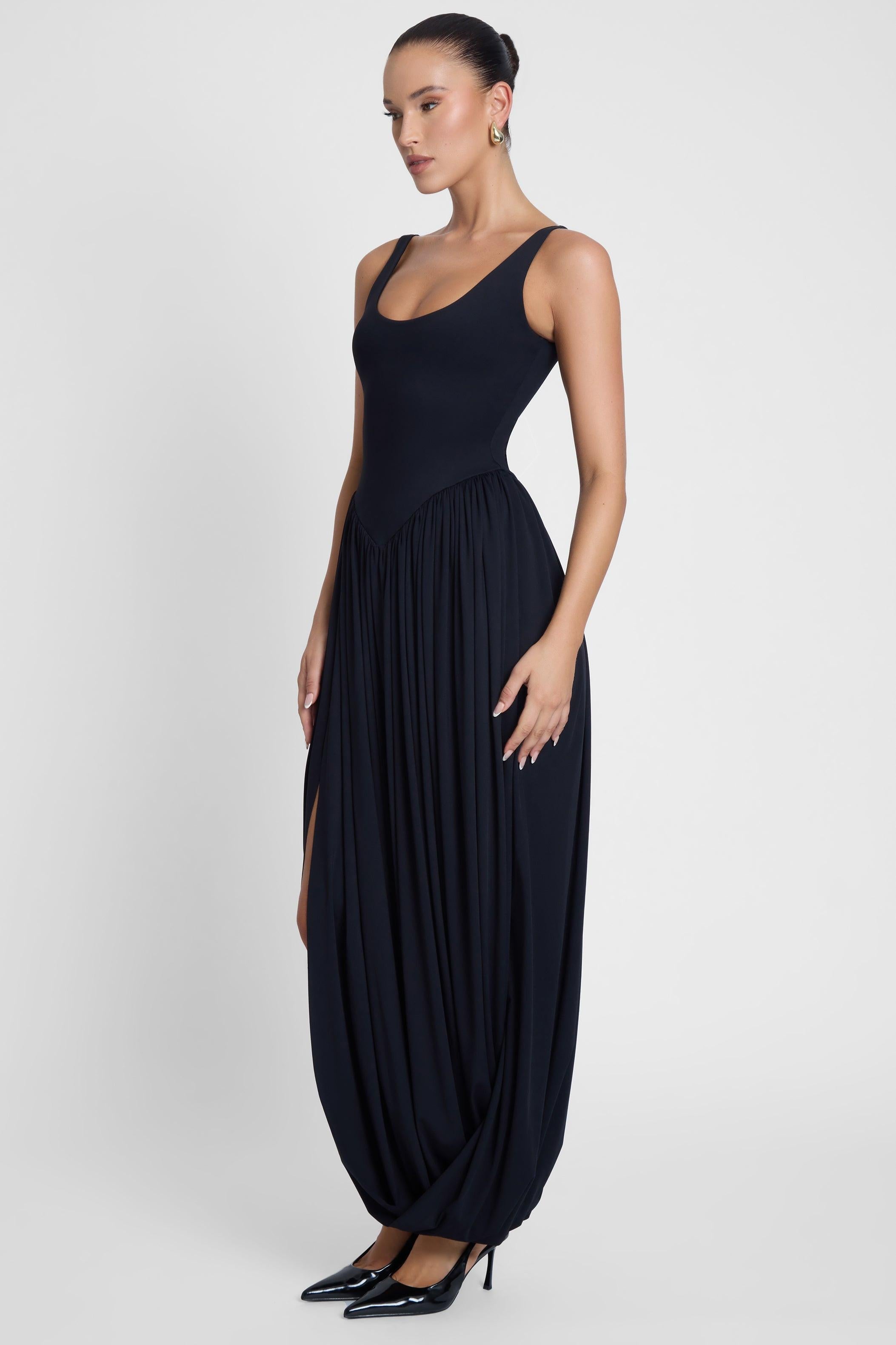 Dionysus Black Draped Midi Dress ICYBOO