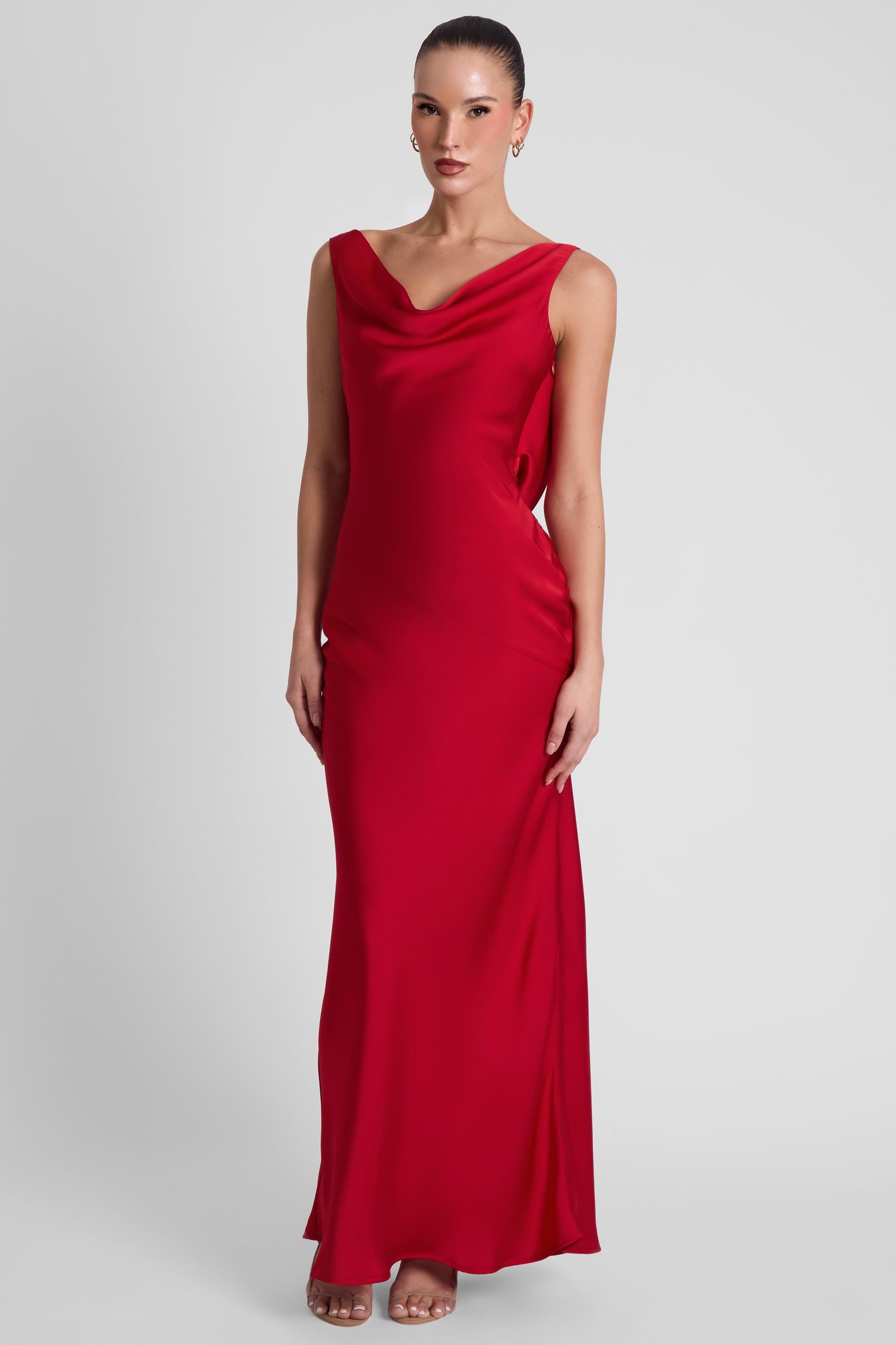 Crimson Satin Dove Drape Gown ICYBOO