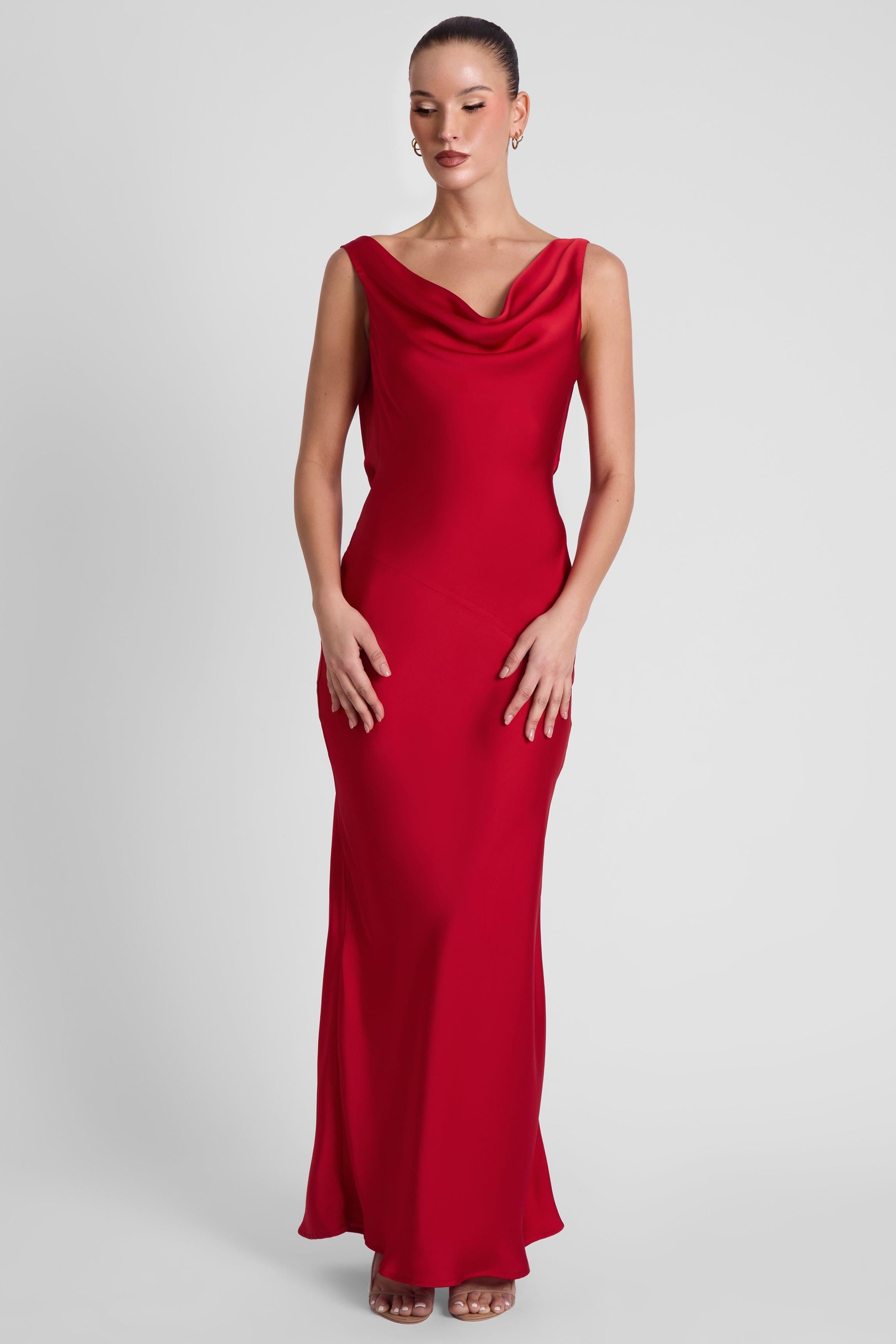 Crimson Satin Dove Drape Gown ICYBOO
