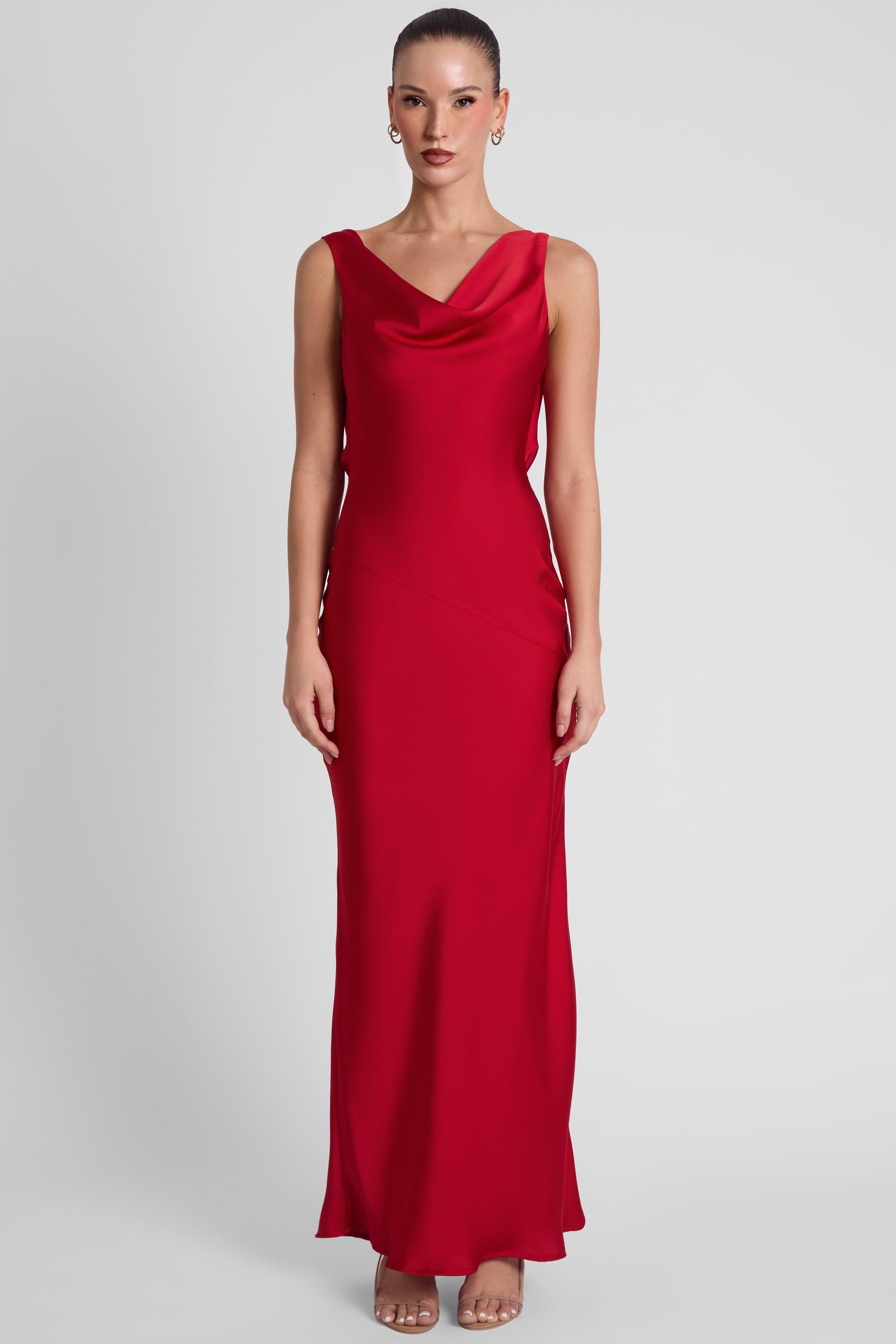 Crimson Satin Dove Drape Gown ICYBOO