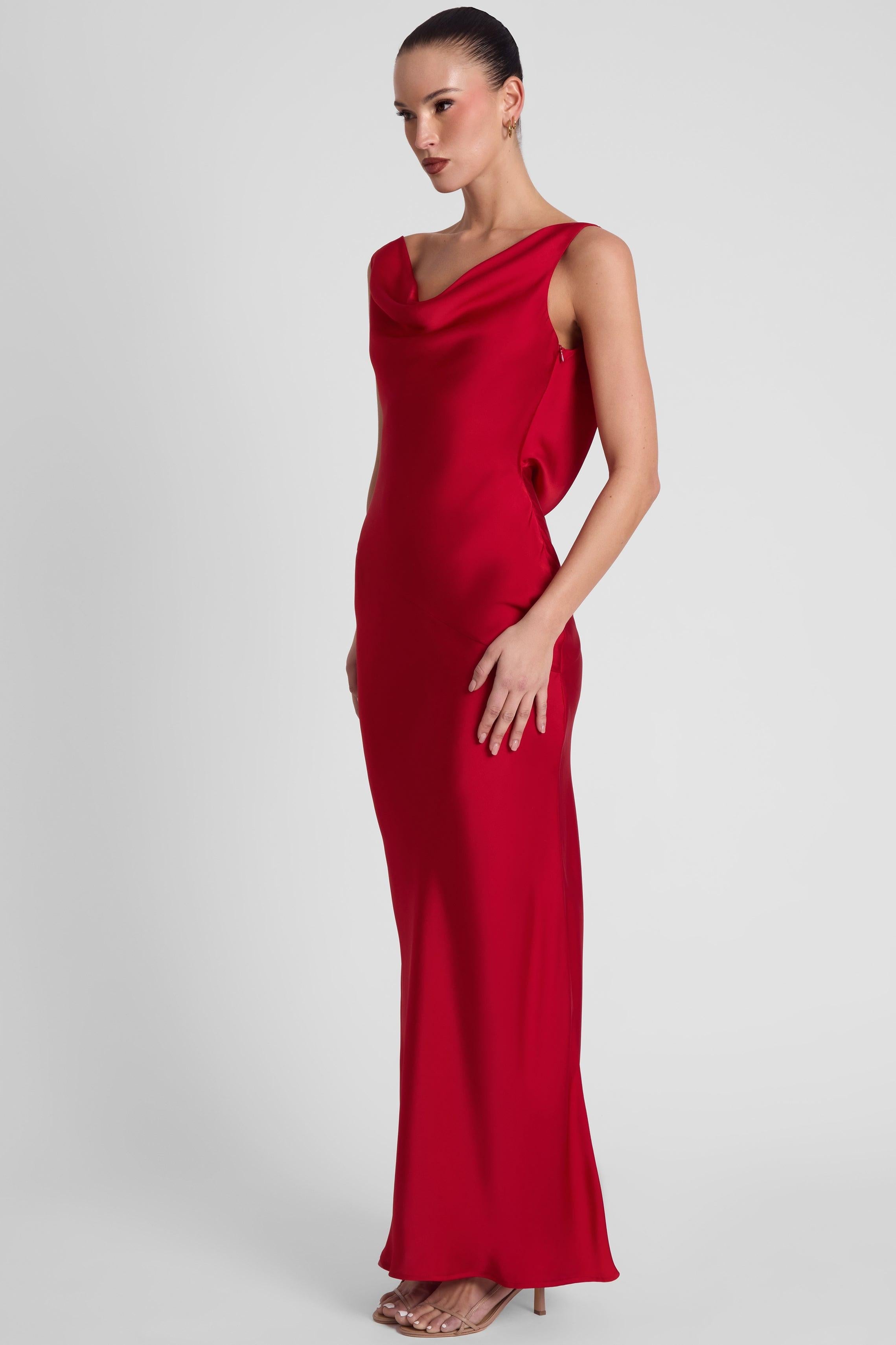 Crimson Satin Dove Drape Gown ICYBOO
