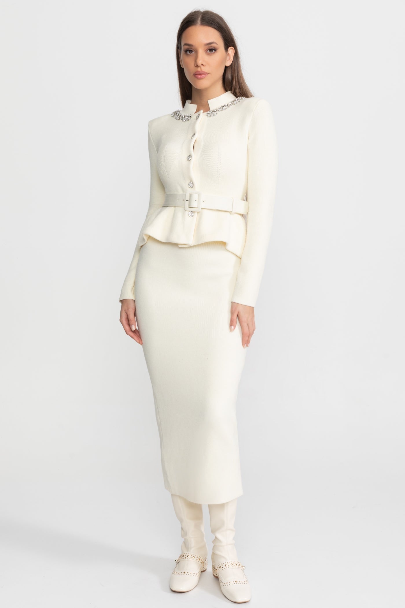 Midi Dress with Peplum Waist and Crystal Collar – Ivoire - ICYBOO