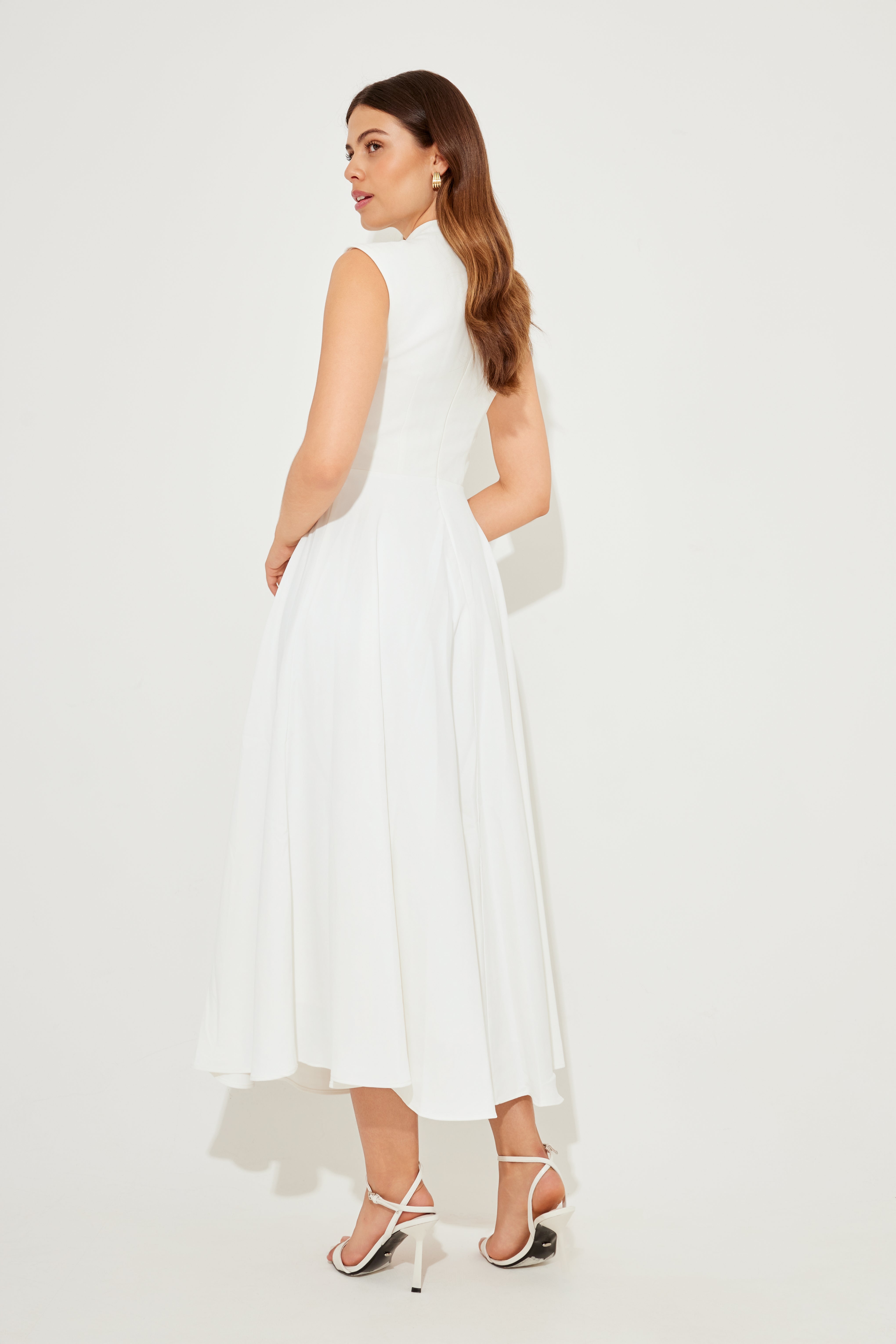 Aimee's V-Shaped Sleeveless Midi Party Dress - White - ICYBOO