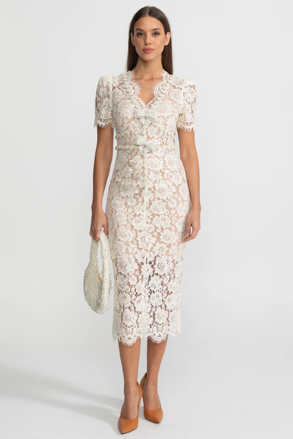 Embellished Lace Midi Dress With Bow Detailing – Ivoire - ICYBOO