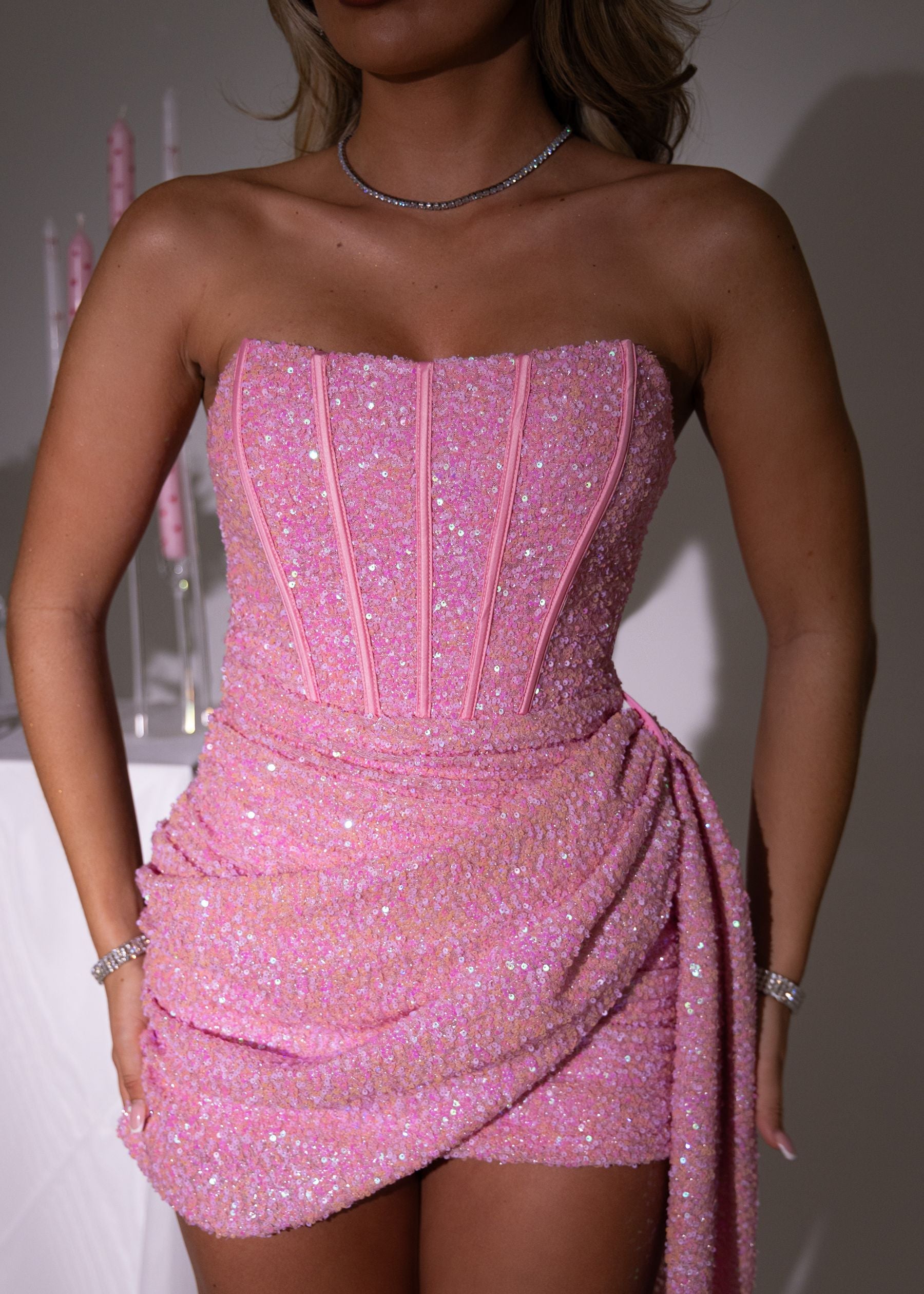 Endless Serenade Sequin Drape Mini Dress - Pink ICYBOO