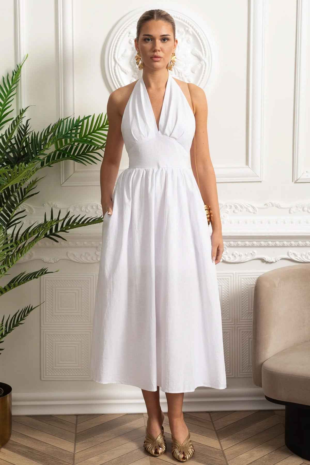Halterneck Midi Dress With A-line Gathered Skirt - White