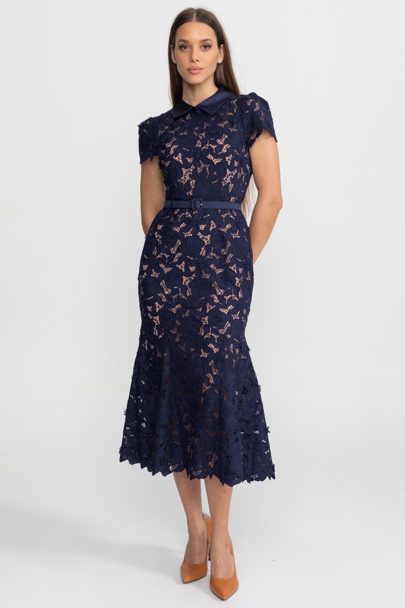Lace Midi Dress with Belted Waist and Collared Neckline – Navy - ICYBOO