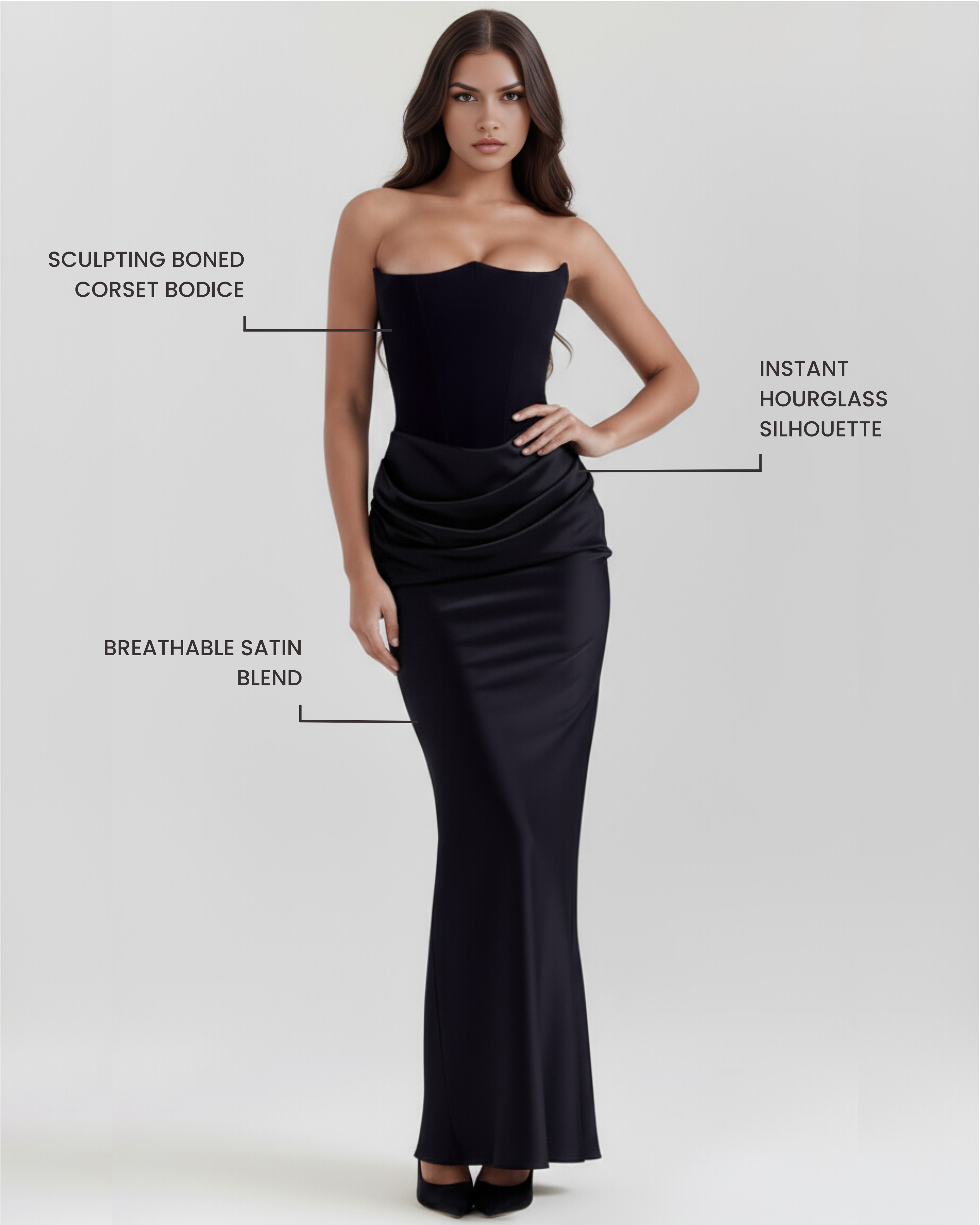 Corset Dress | Almond Muse Style, Stretch Crepe Boned Bodice, Glamorous Events ICYBOO