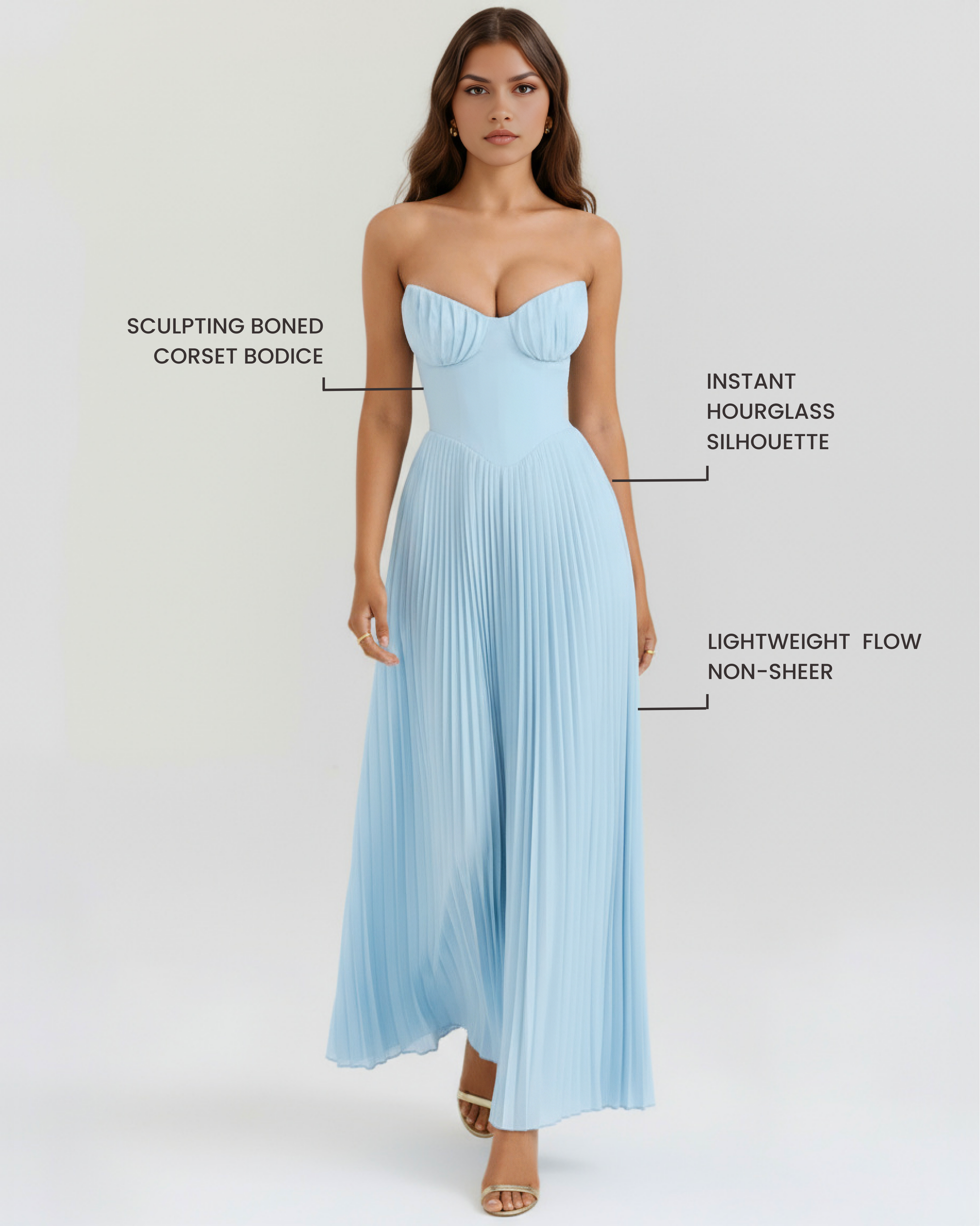 Ocean Blue Georgette Maxi Dress | Shell Pleats, Boned Bodice, Romantic Events ICYBOO