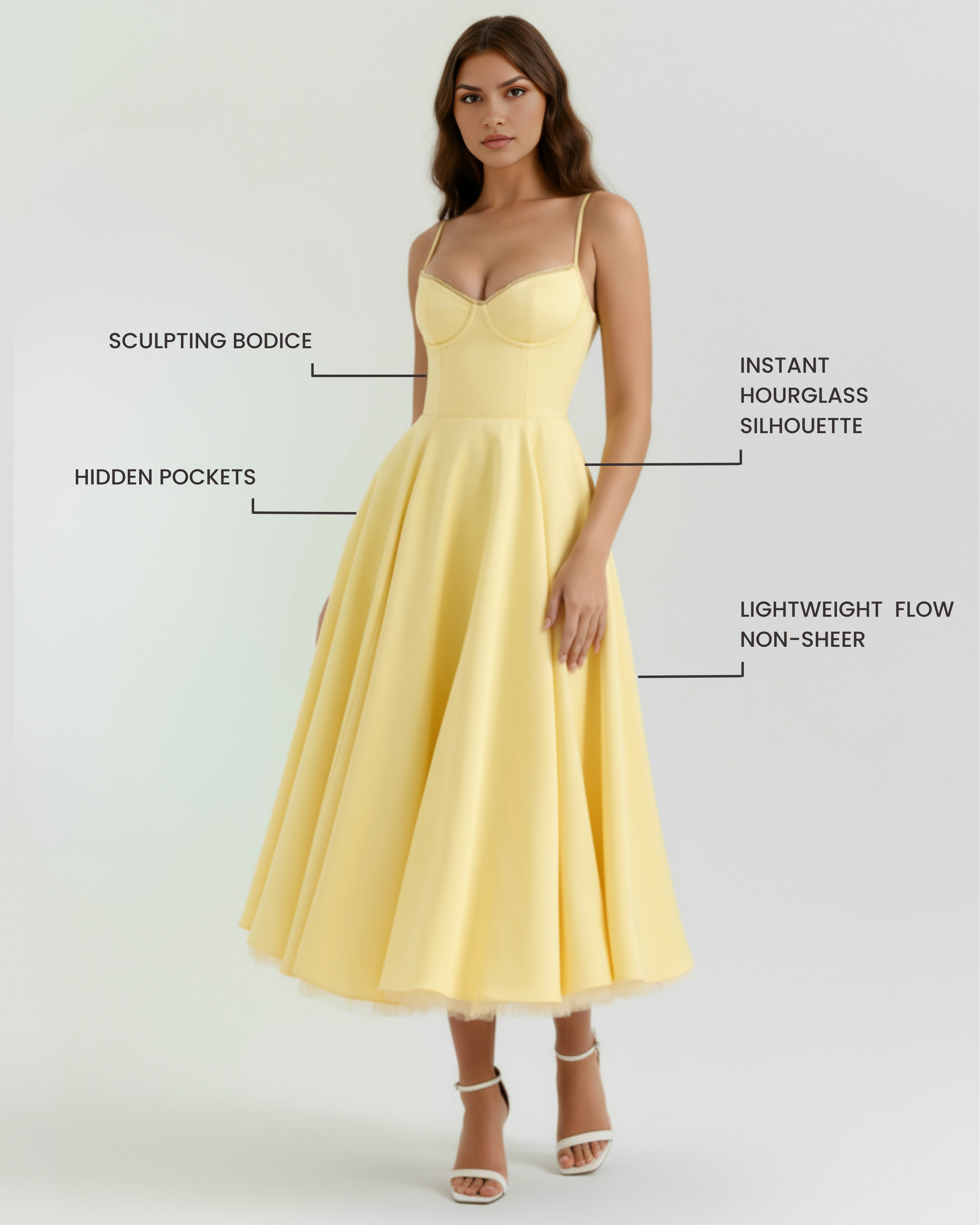Midi Dress | Satin Feel, Boned Bodice, Weddings & Parties ICYBOO