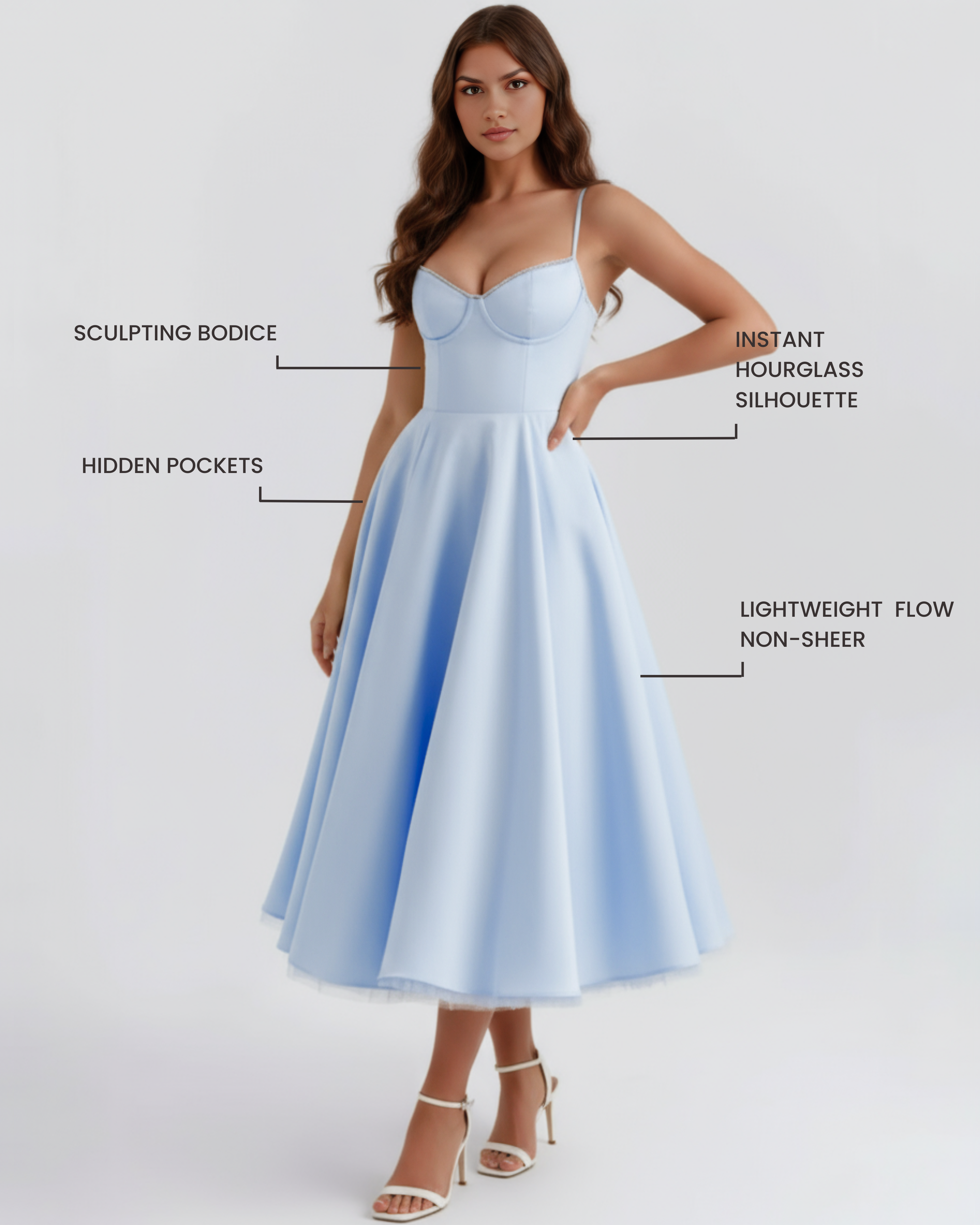 Midi Dress | Satin Feel, Boned Bodice, Weddings & Parties ICYBOO