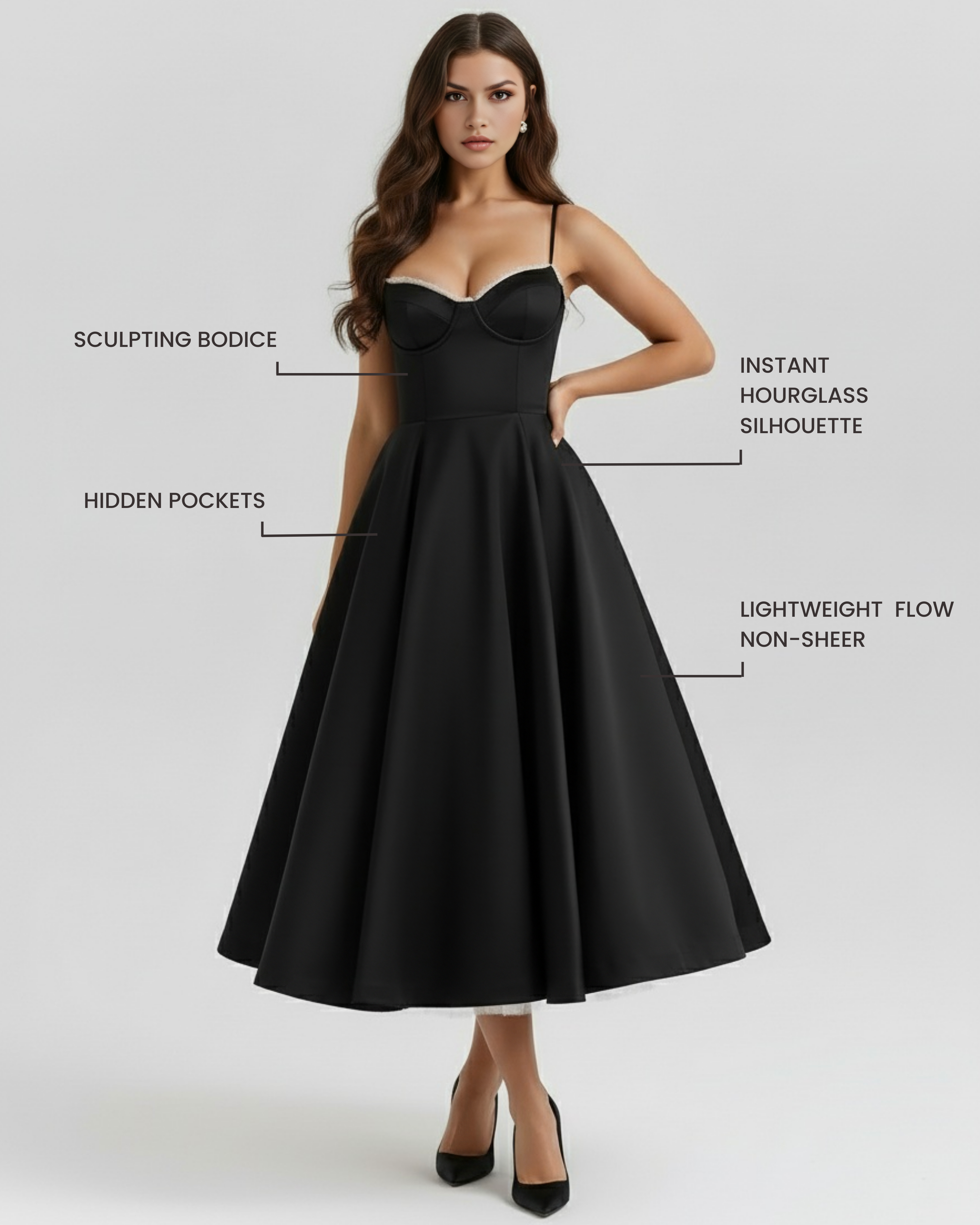 Midi Dress | Satin Feel, Boned Bodice, Weddings & Parties ICYBOO