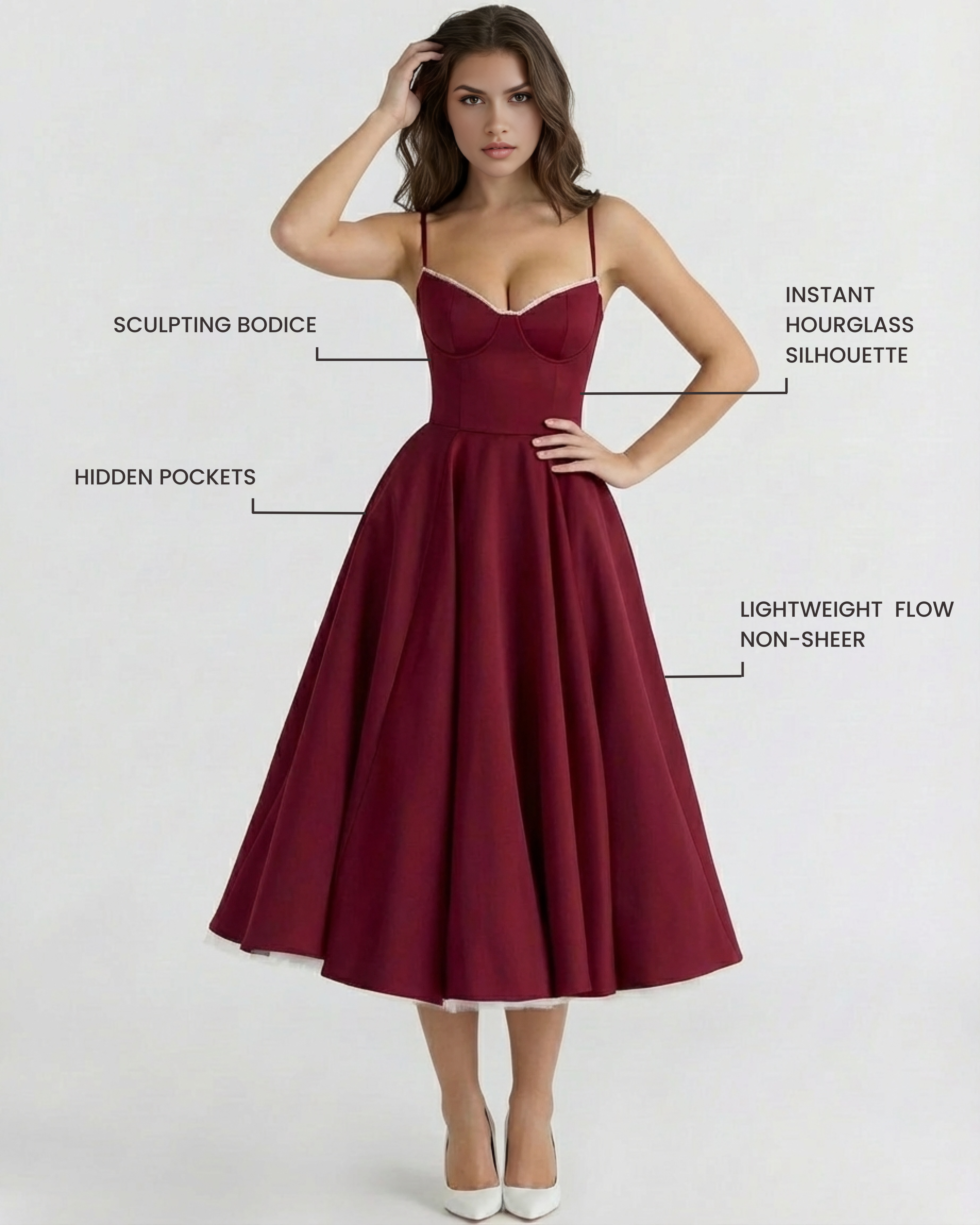 Midi Dress | Satin Feel, Boned Bodice, Perfect for Weddings and Parties ICYBOO