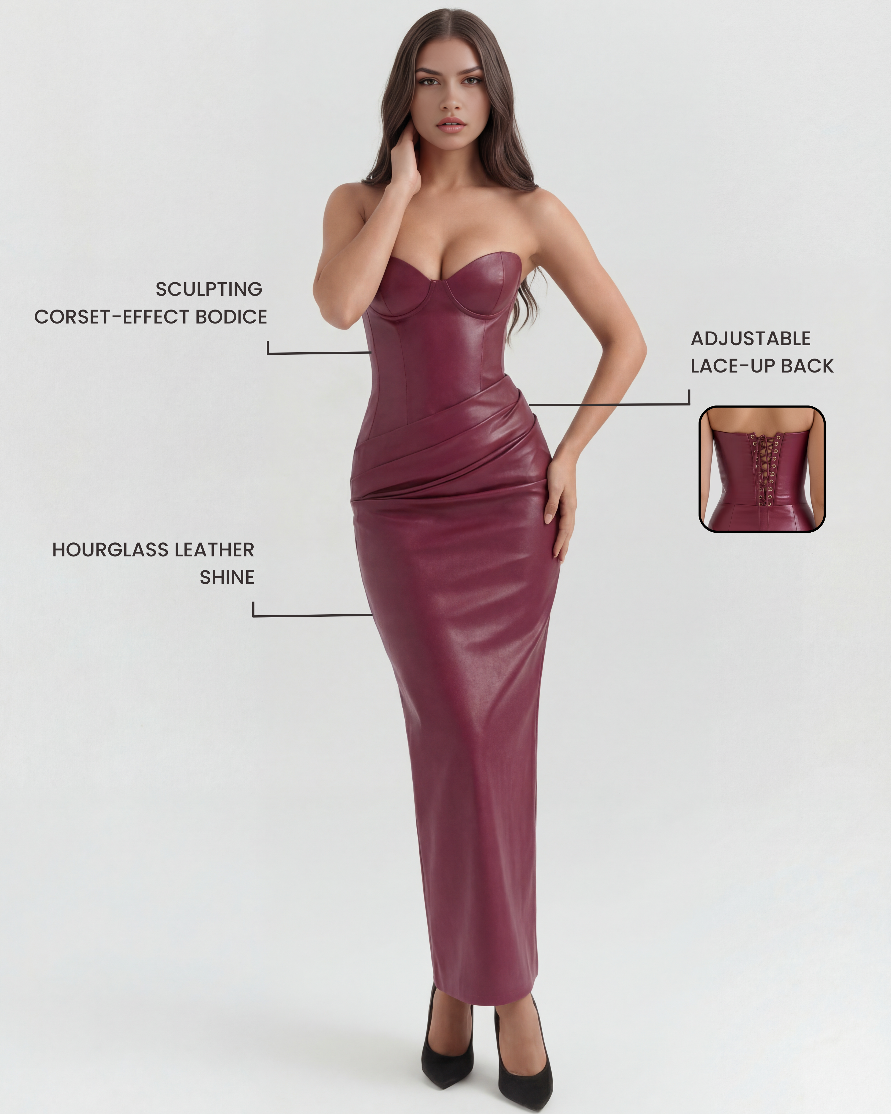 Vegan Leather Midi Dress | Strapless, Lace-Up Back, Formal Events ICYBOO