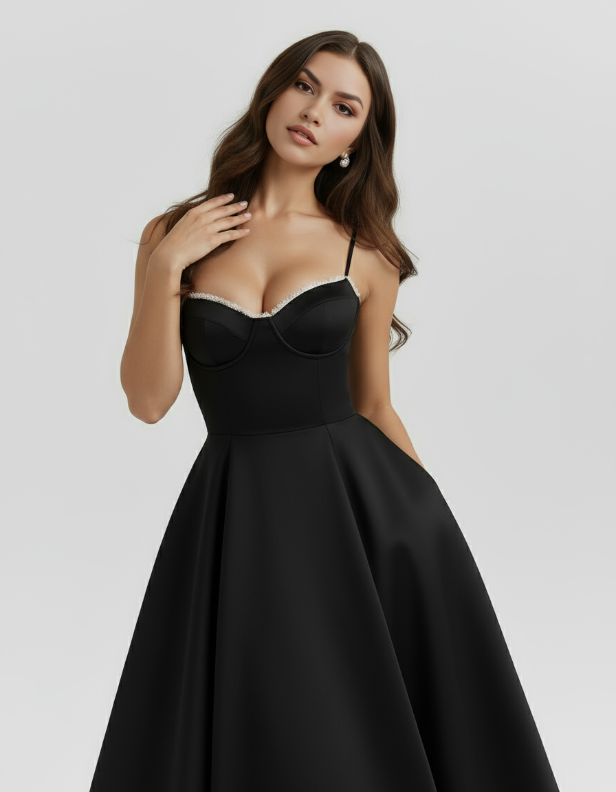 Midi Dress | Satin Feel, Boned Bodice, Weddings & Parties ICYBOO