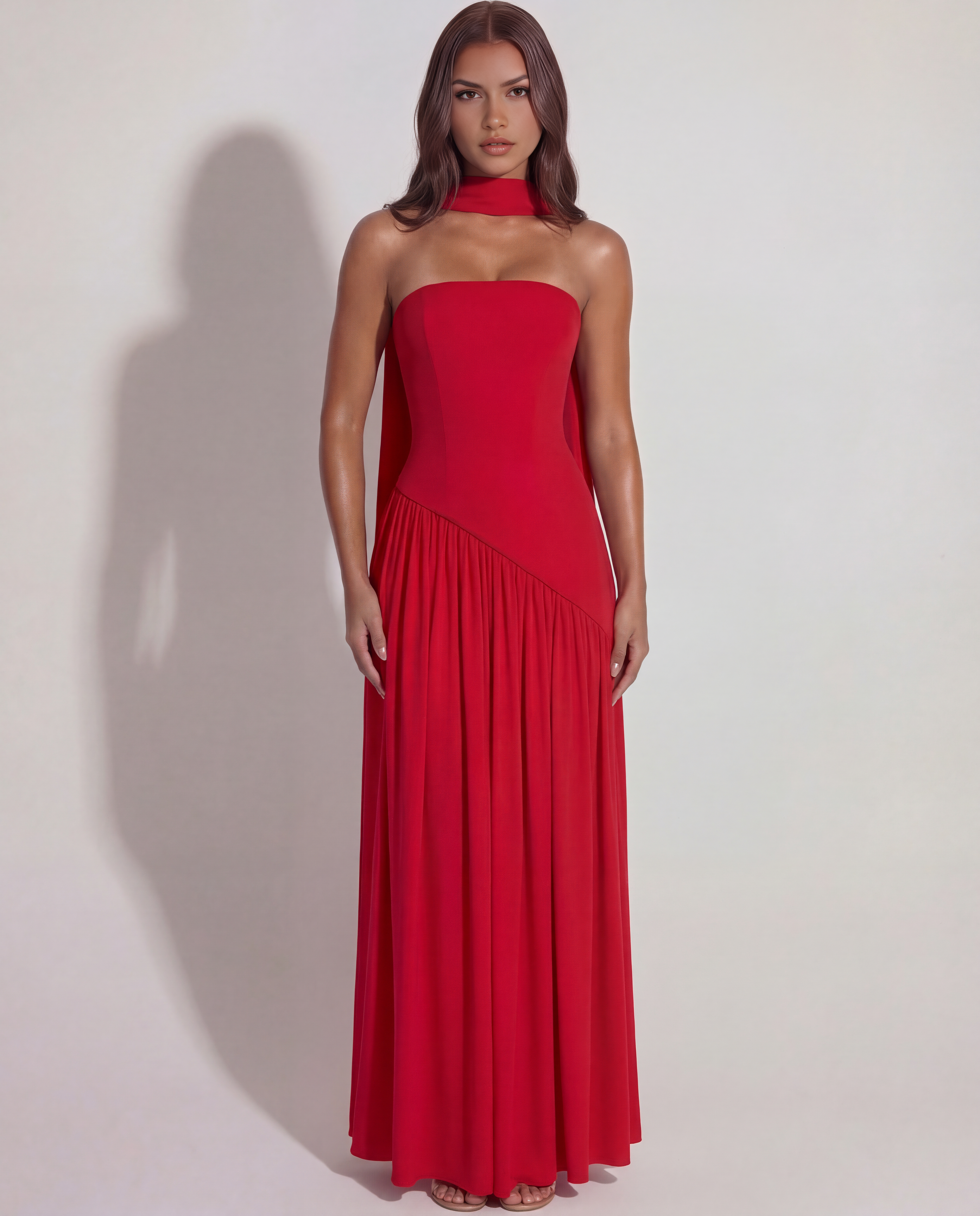 Maxi Dress | Strapless Red Crepe, Asymmetrical Design, Formal Events ICYBOO