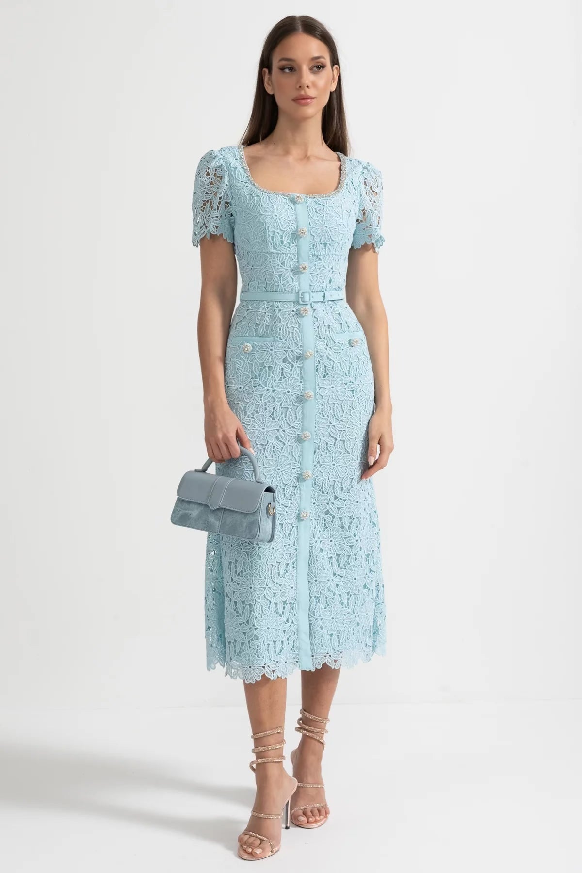 Delicate Azure Lace Midi Dress - Baby Blue - ICYBOO