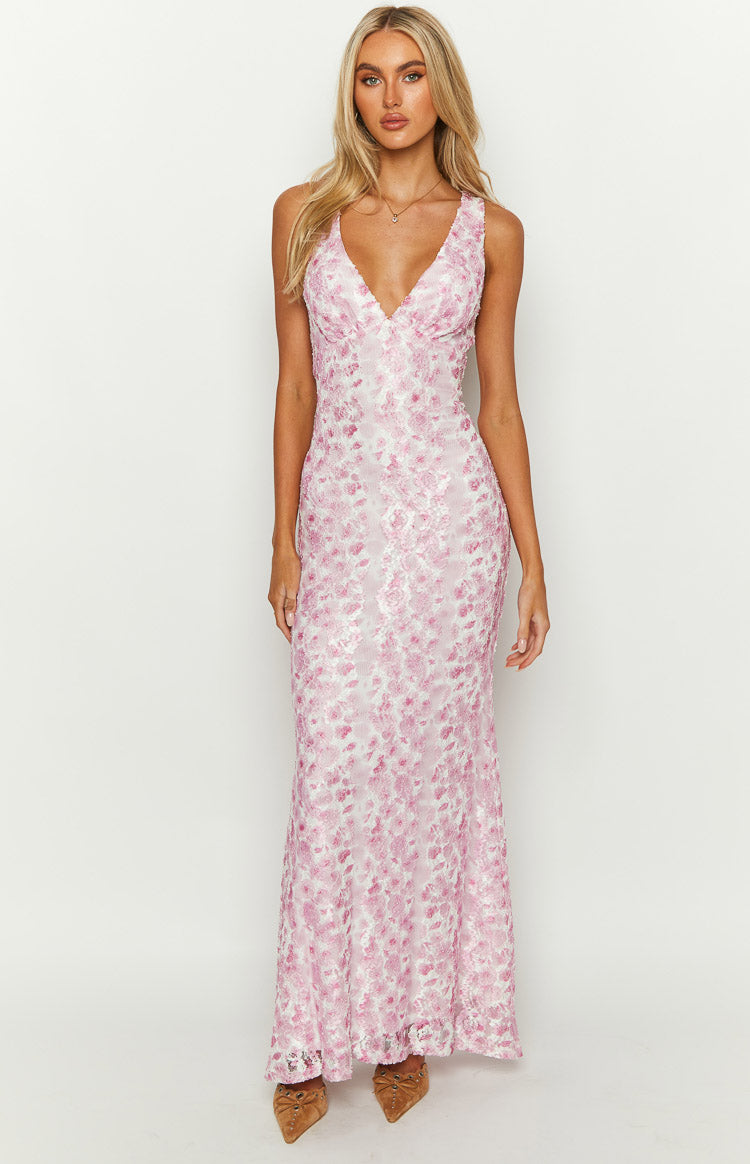 Farida Lace Backless Maxi Wedding Guest Dress - Pink - ICYBOO