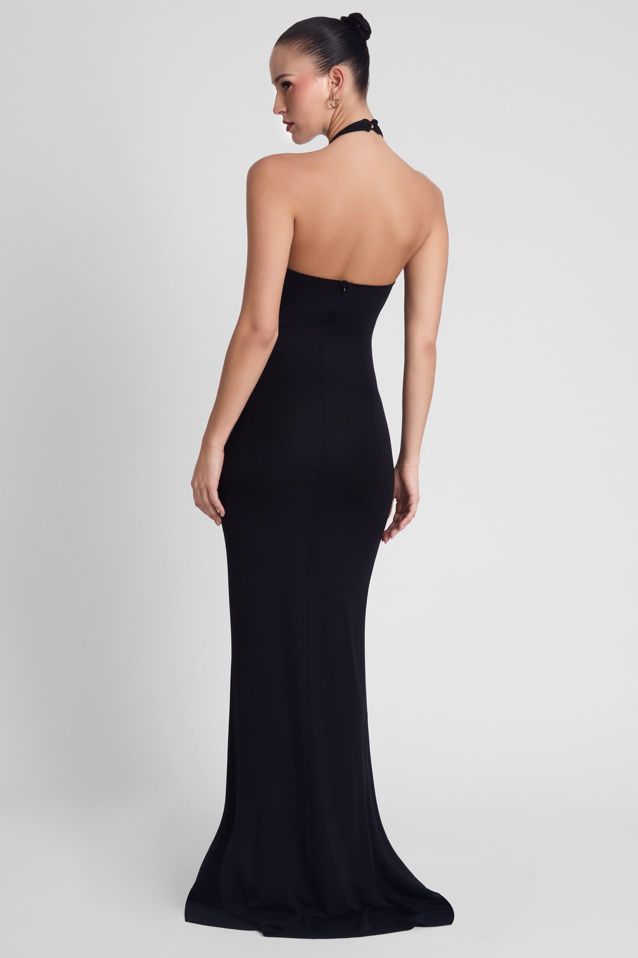 Black Jersey Knot Maxi Dress with Halter Neckline ICYBOO