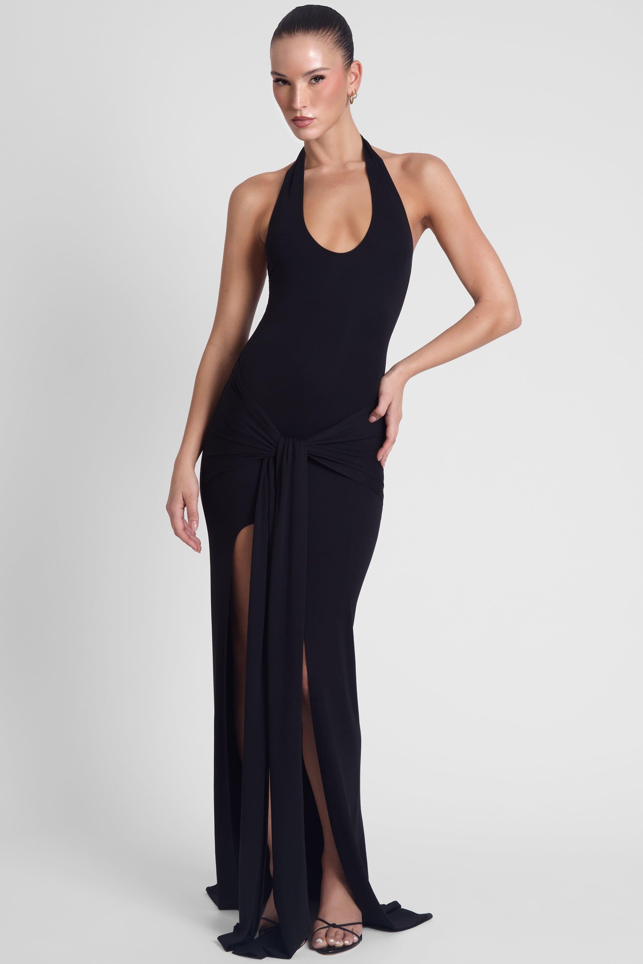 Black Jersey Knot Maxi Dress with Halter Neckline ICYBOO