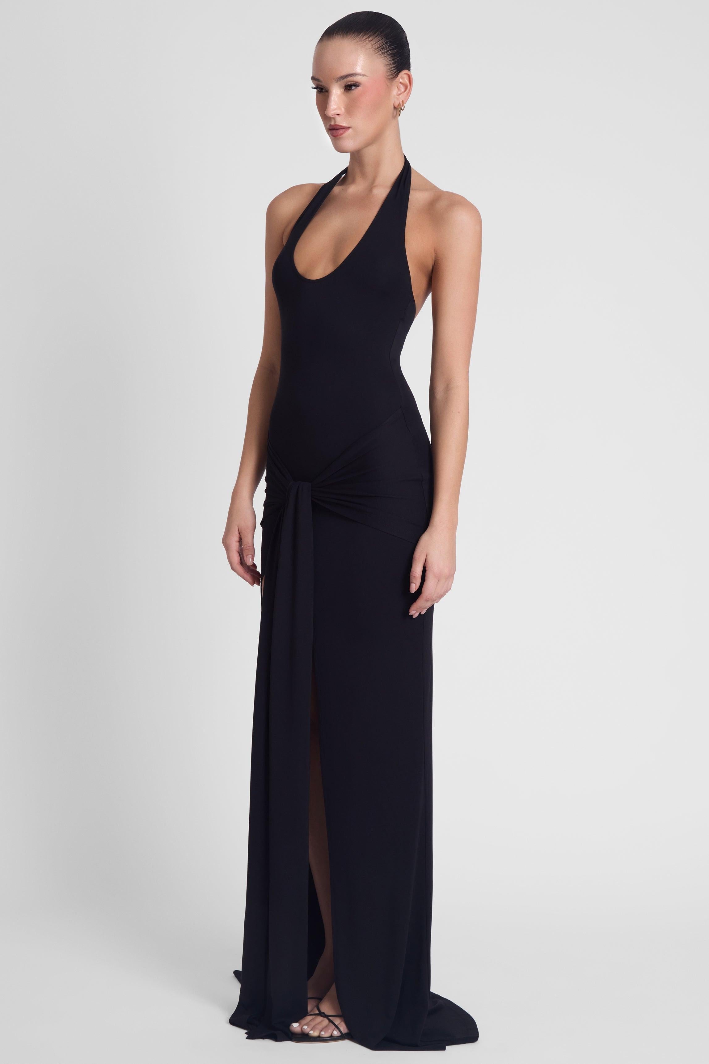 Black Jersey Knot Maxi Dress with Halter Neckline ICYBOO