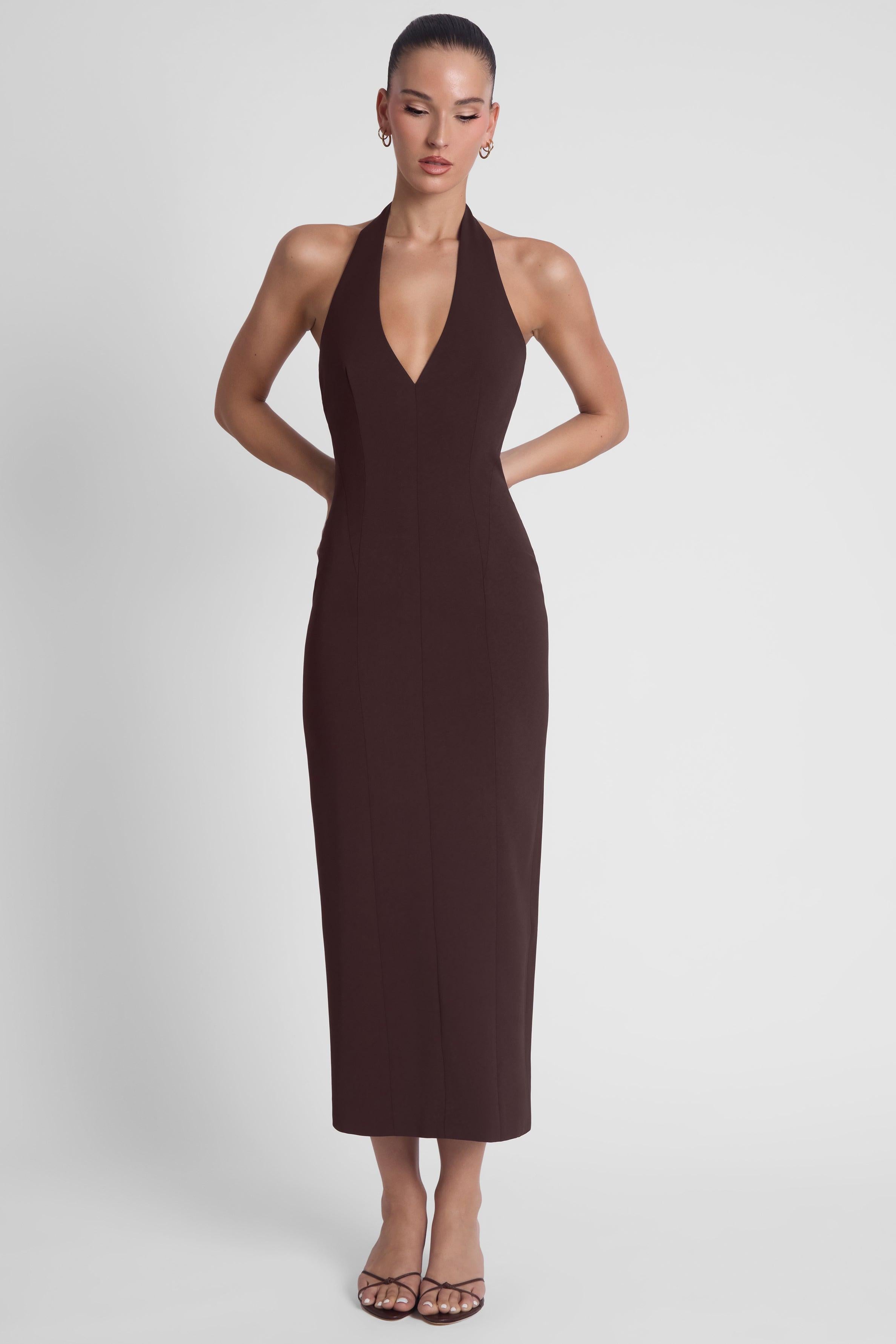 Heiress Chocolate Brown Halter Midi Dress ICYBOO