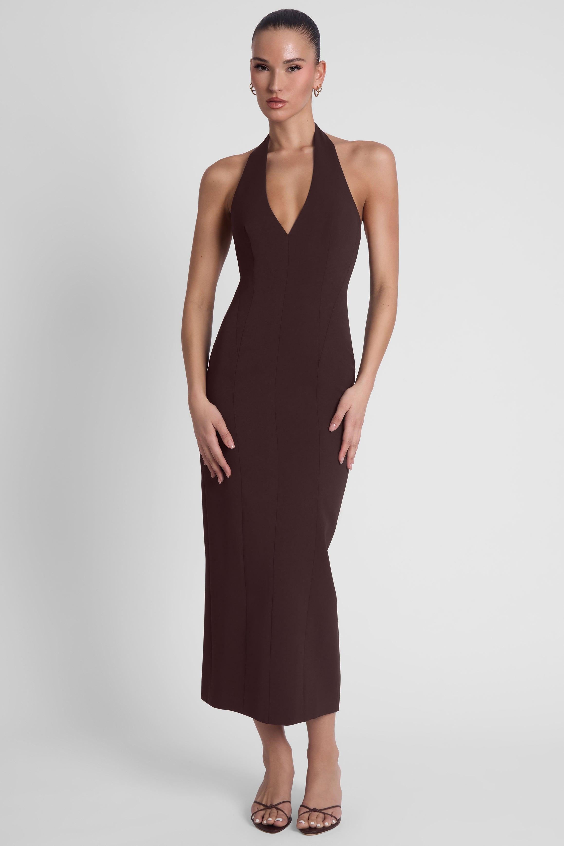 Heiress Chocolate Brown Halter Midi Dress ICYBOO