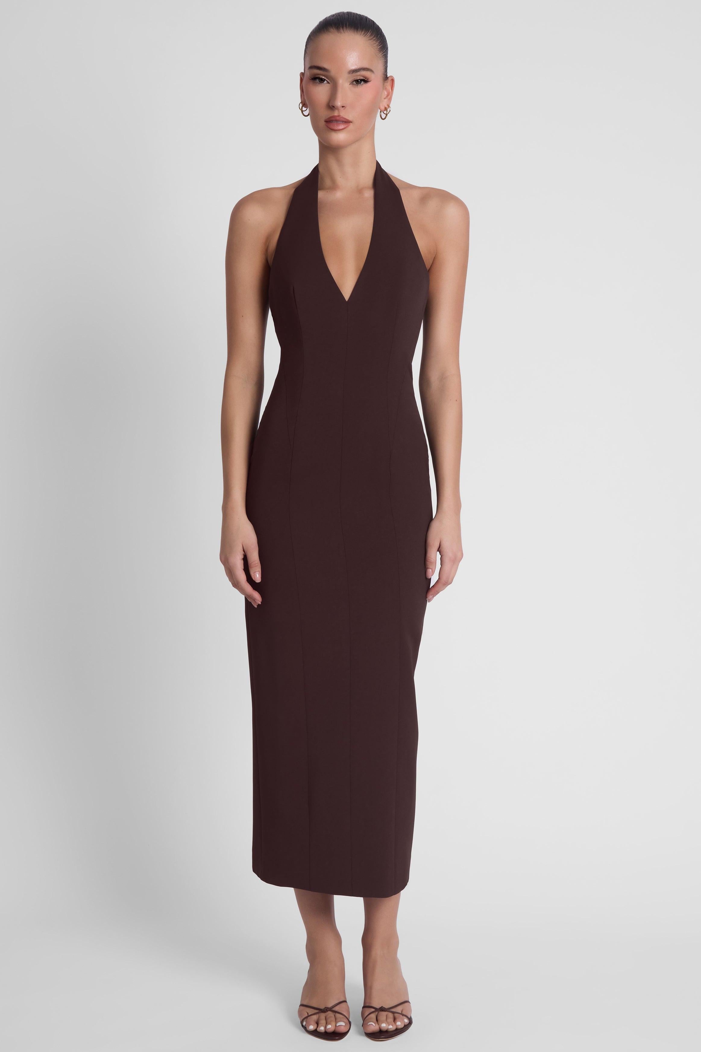 Heiress Chocolate Brown Halter Midi Dress ICYBOO