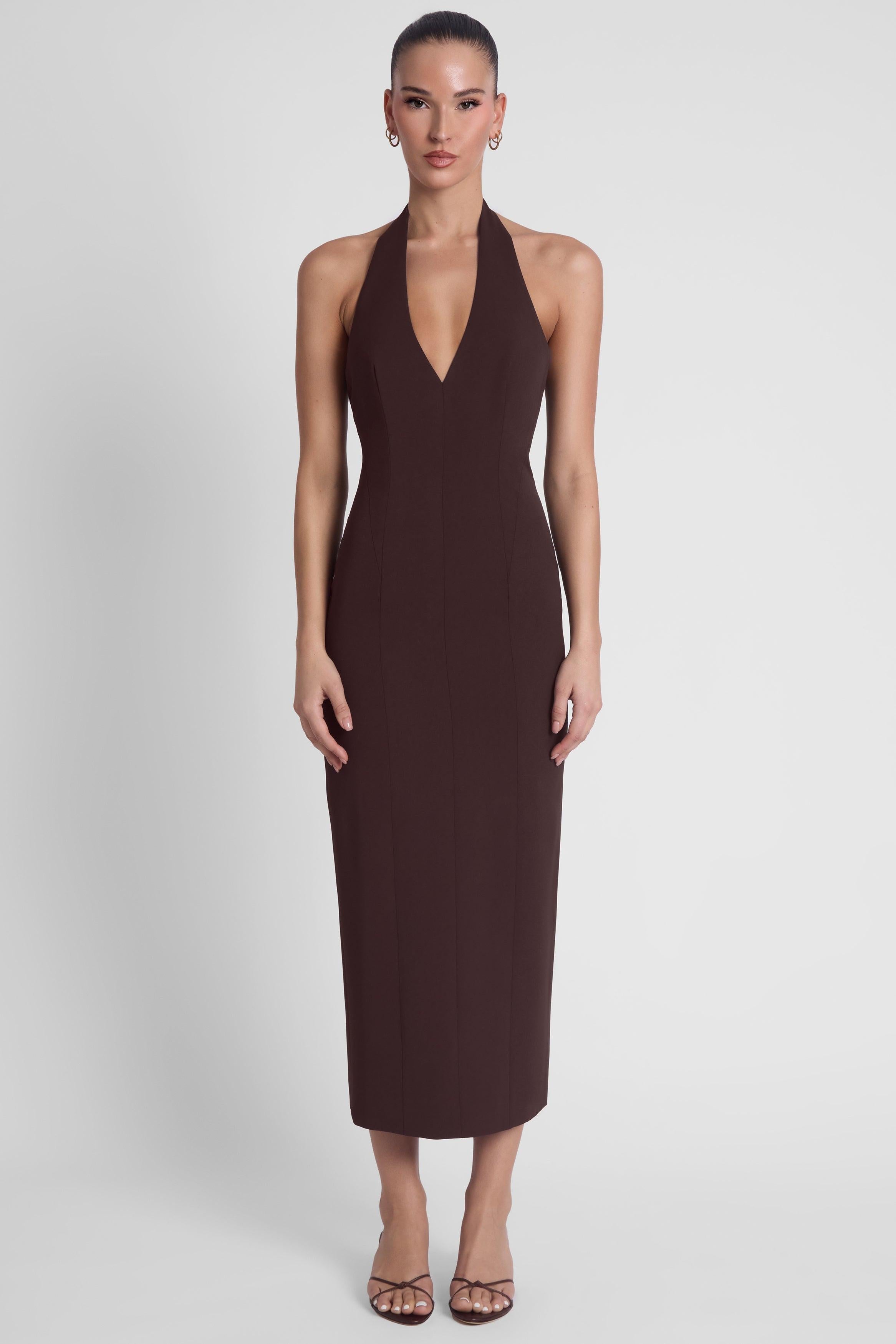 Heiress Chocolate Brown Halter Midi Dress ICYBOO
