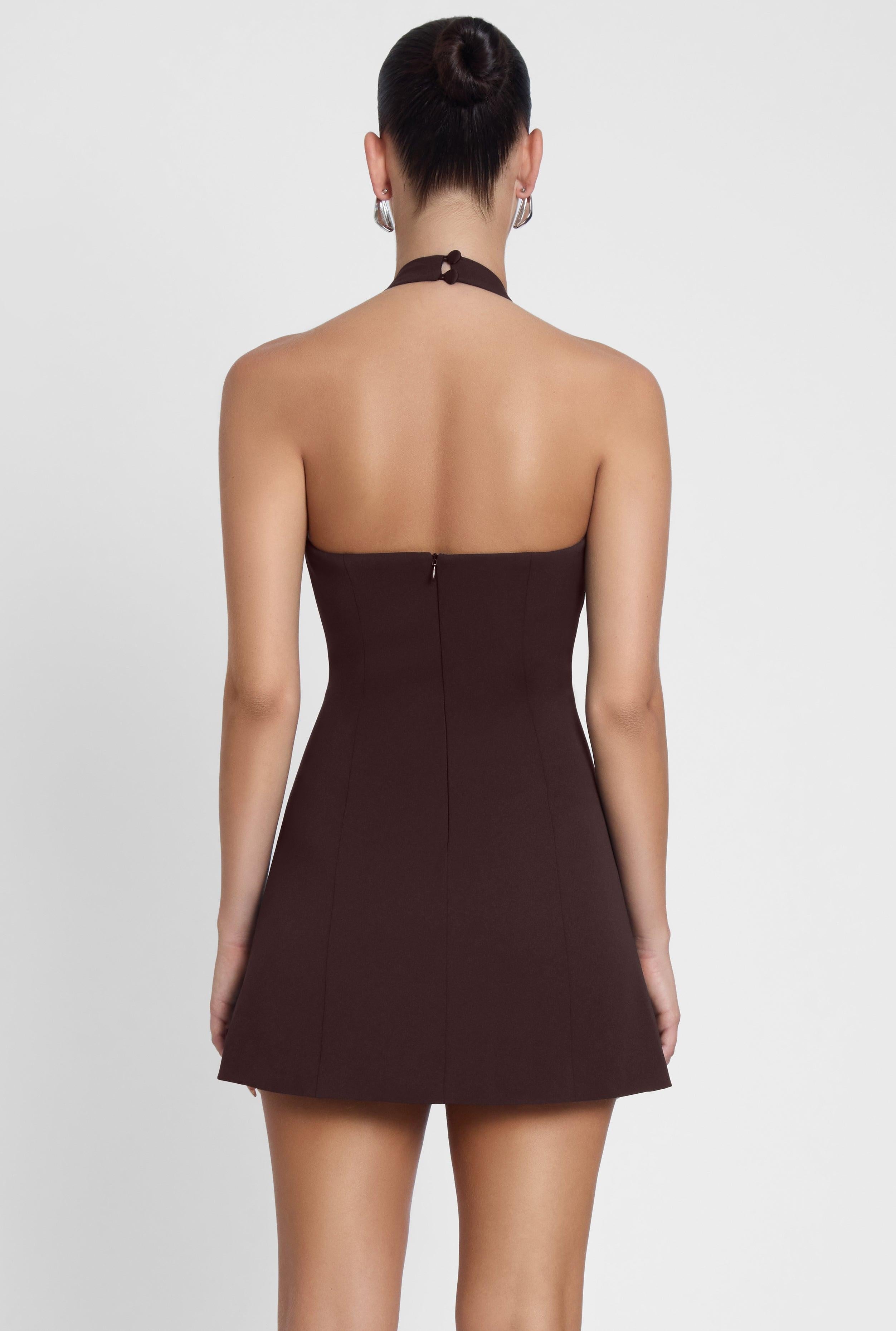 Hera Chocolate Brown Halter Mini Dress ICYBOO